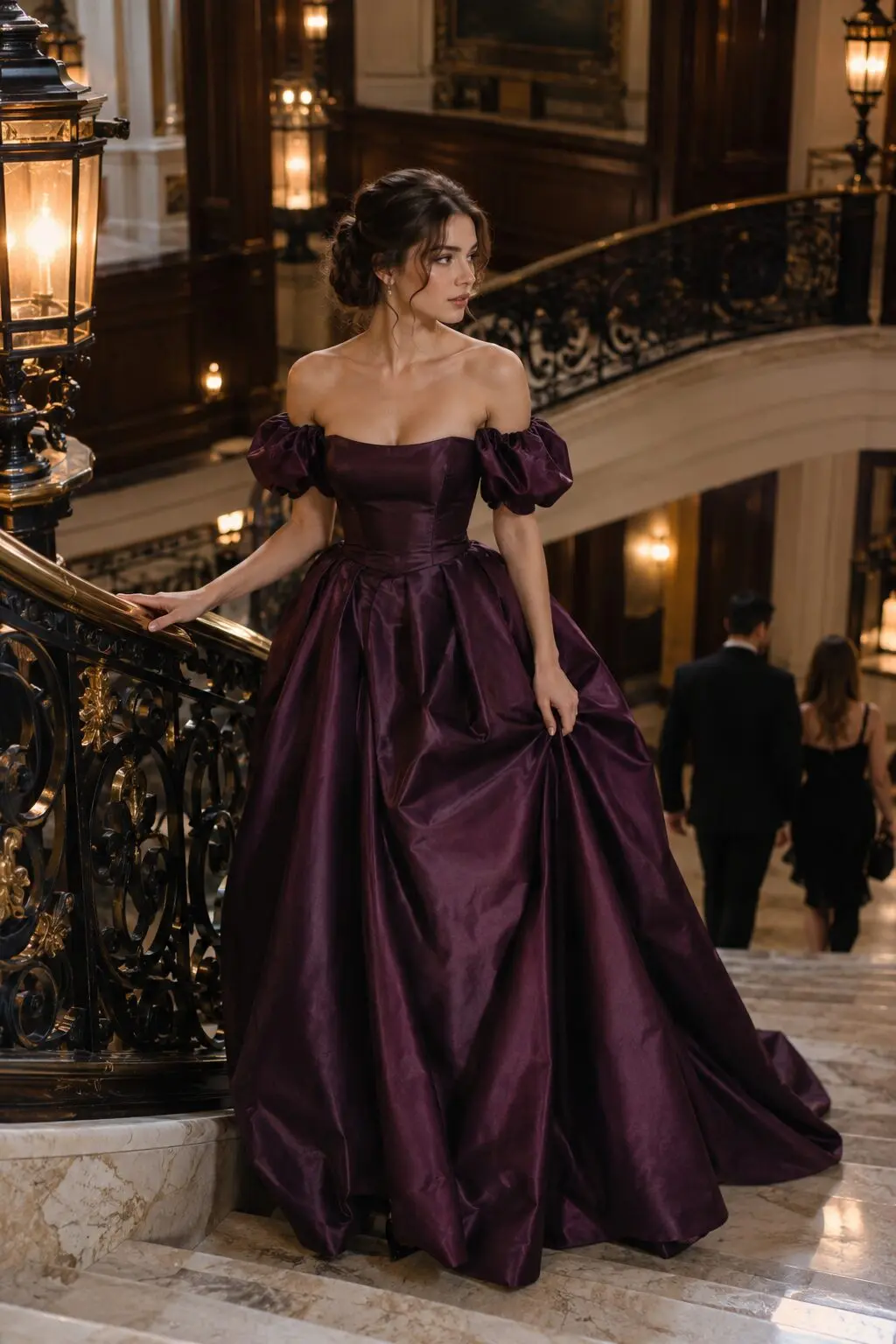 old hollywood prom dress: deep plum off-the-shoulder puff sleeve ball gown