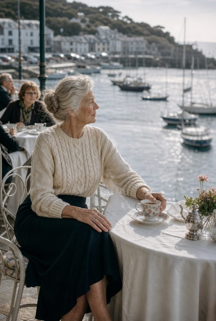 elegant fall afternoon tea outfit for women in their 70s: cable knit sweater and silk midi skirt