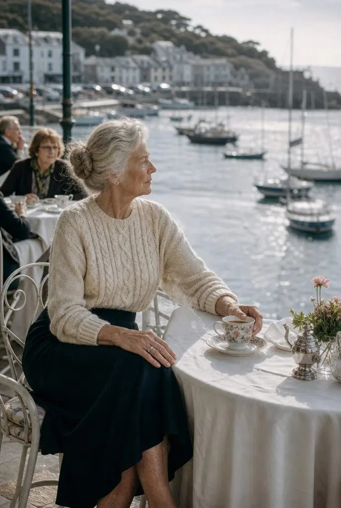 elegant fall afternoon tea outfit for women in their 70s: cable knit sweater and silk midi skirt