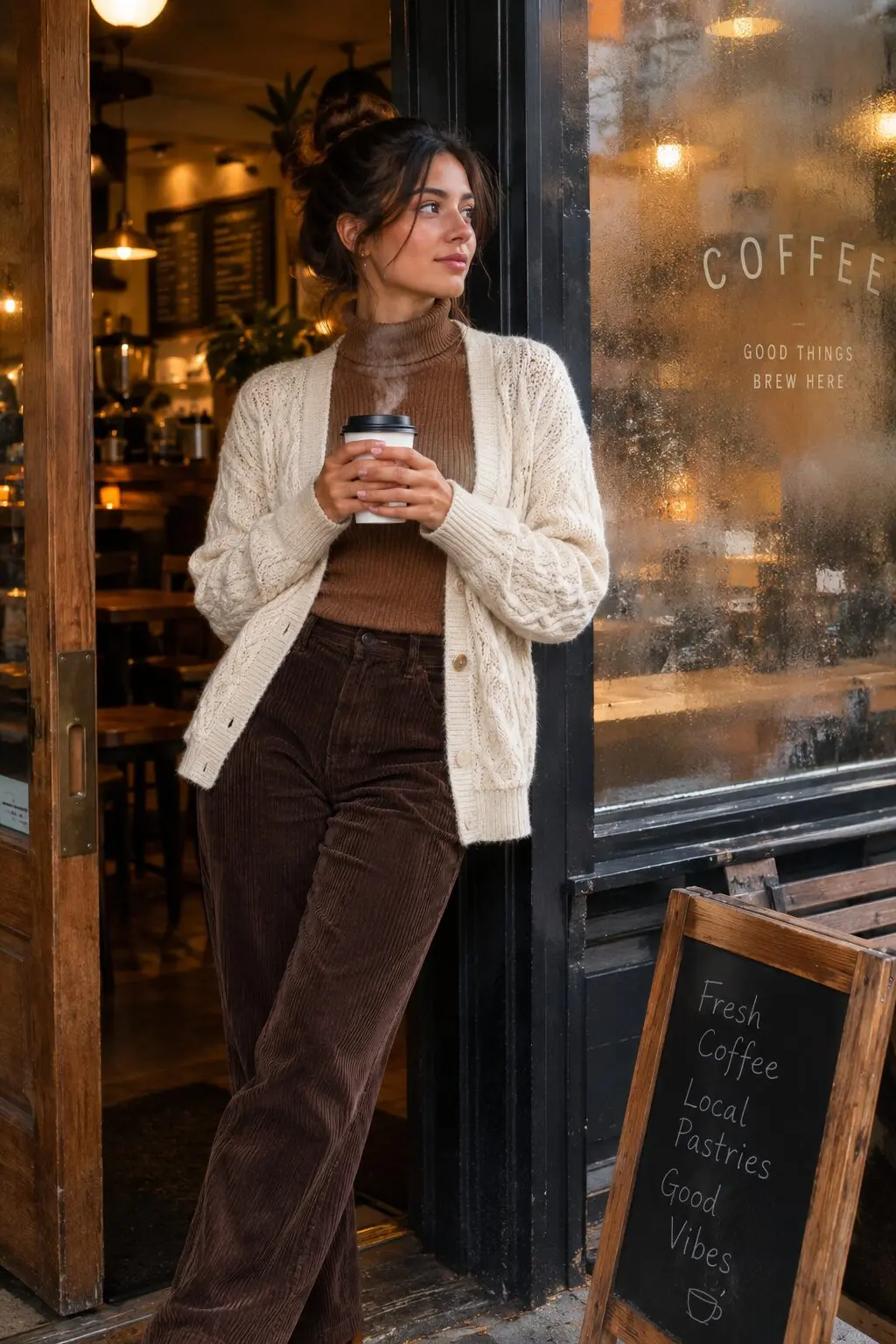 cream cardigan over a caramel turtleneck and chocolate brown corduroy trousers, cozy weekend fall outfit