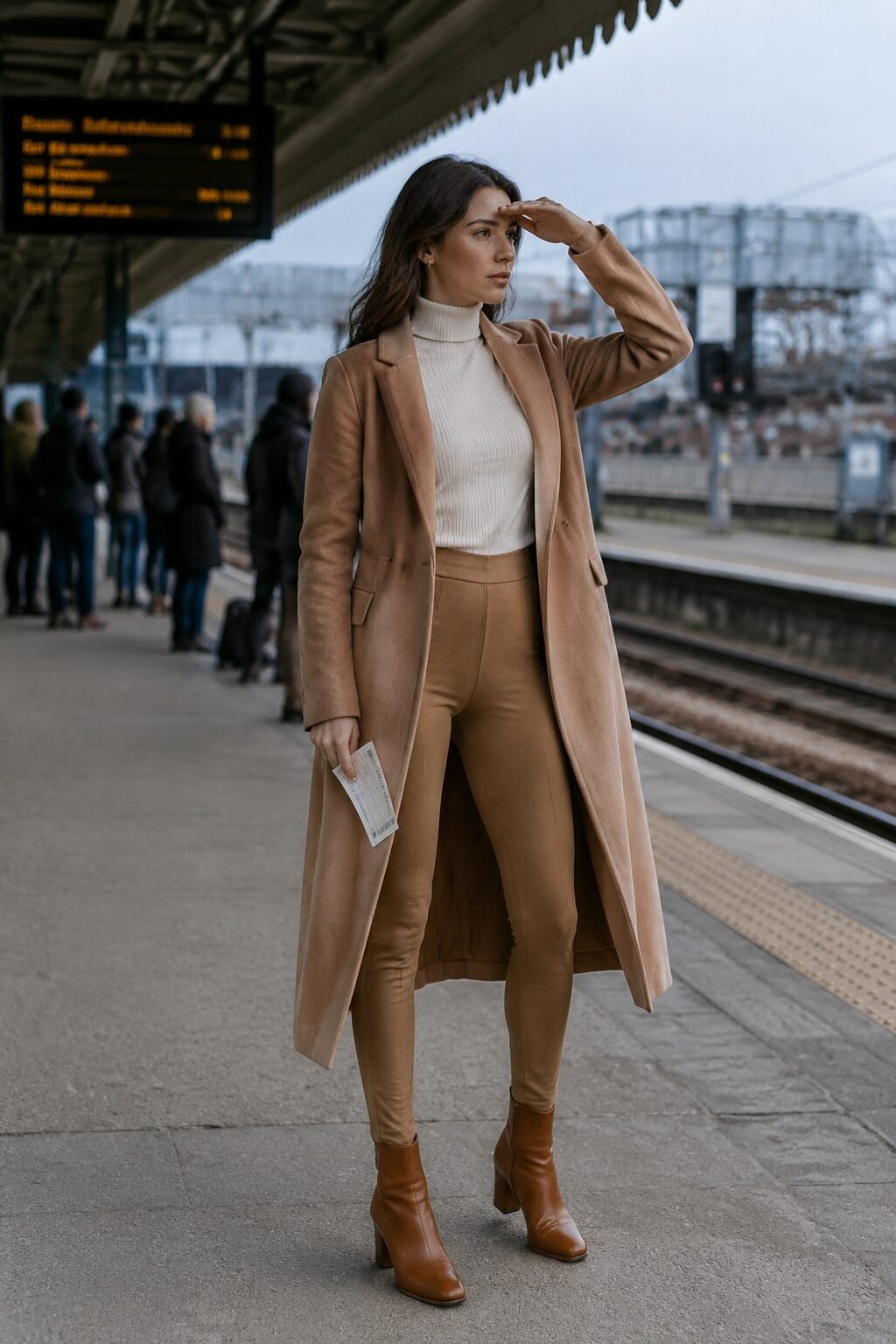 woman styling ponte leggings with a cream turtleneck for a cold-weather travel outfit