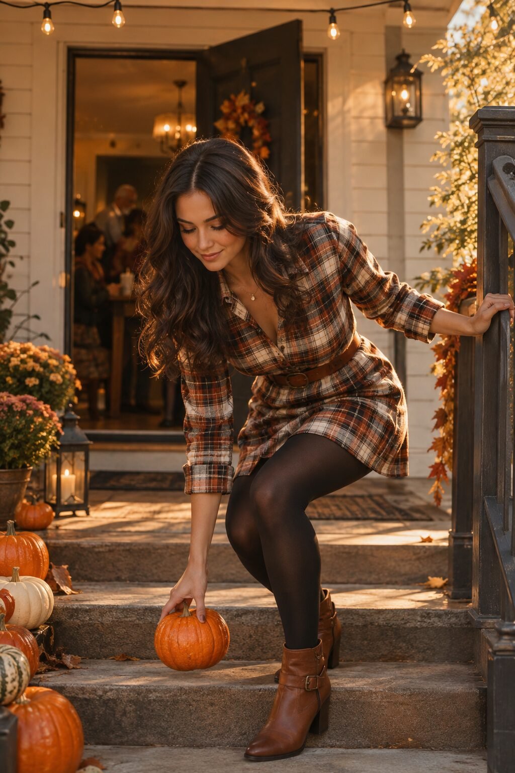 Thanksgiving outfit for meeting his extended family: rust and cream plaid shirt dress with opaque tights and cognac ankle boots