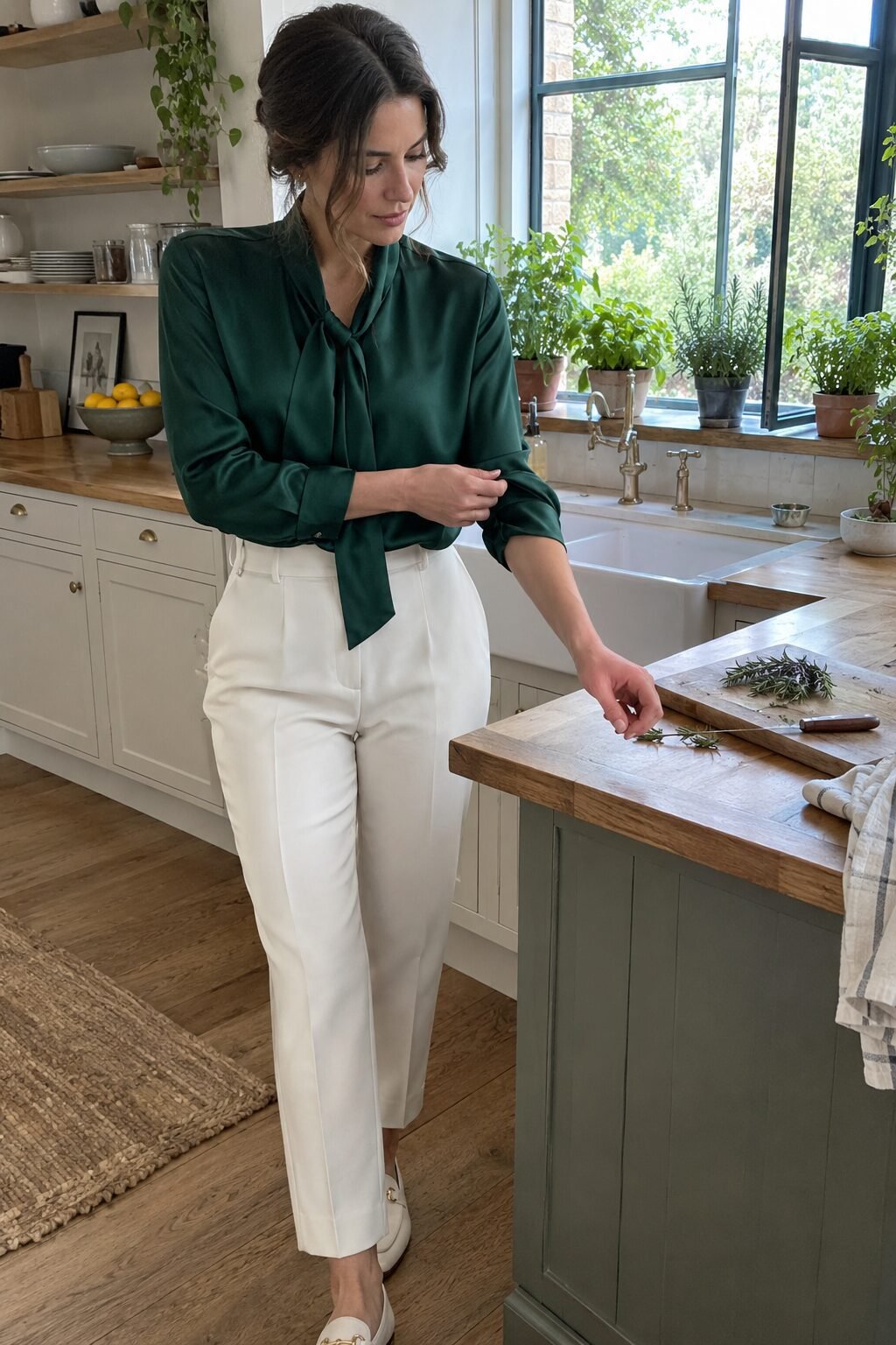 thanksgiving kitchen prep outfit: forest green silk tie-neck blouse and ivory tapered trousers