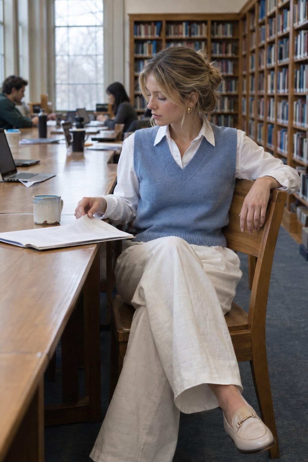 staff meeting teacher outfit: blue cashmere sweater vest, white poplin button-down, and white trousers