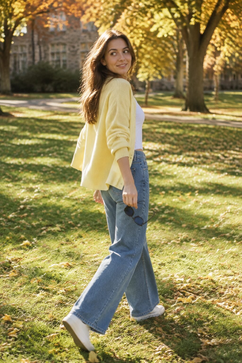 warm fall day college outfit: butter yellow cardigan with wide-leg jeans for an Indian summer class day