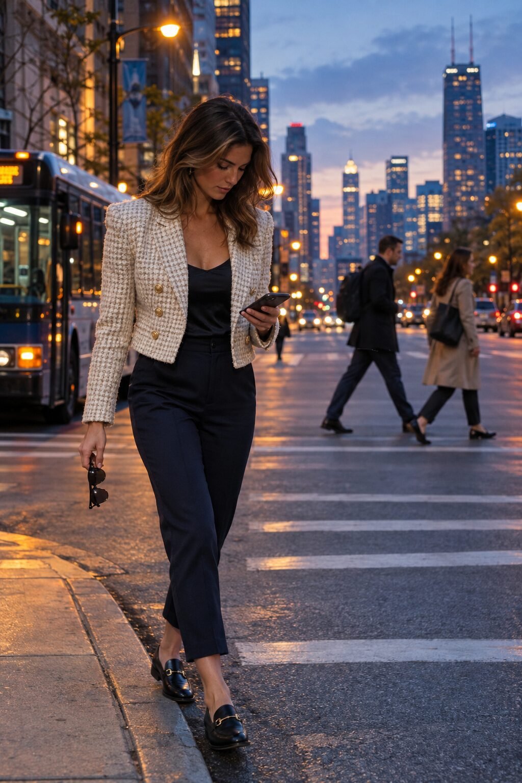 office-to-dinner classy winter outfit: cream houndstooth tweed jacket, black silk camisole, navy trousers