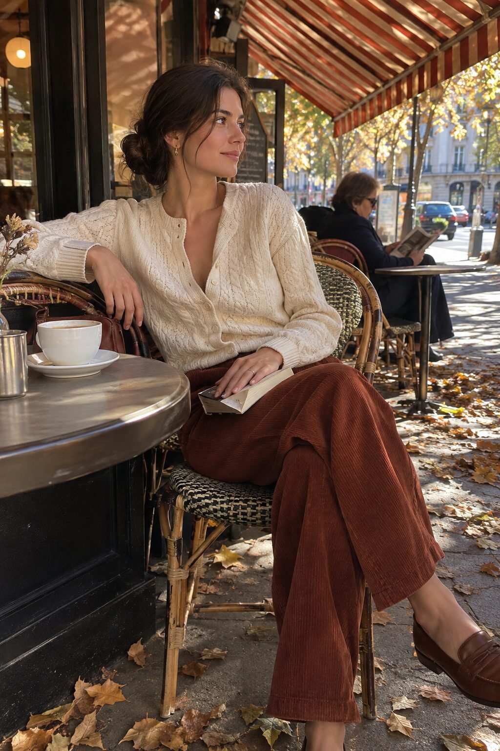 cream cable-knit cardigan with rust corduroy trousers and penny loafers, a cozy weekend brunch outfit that looks expensive