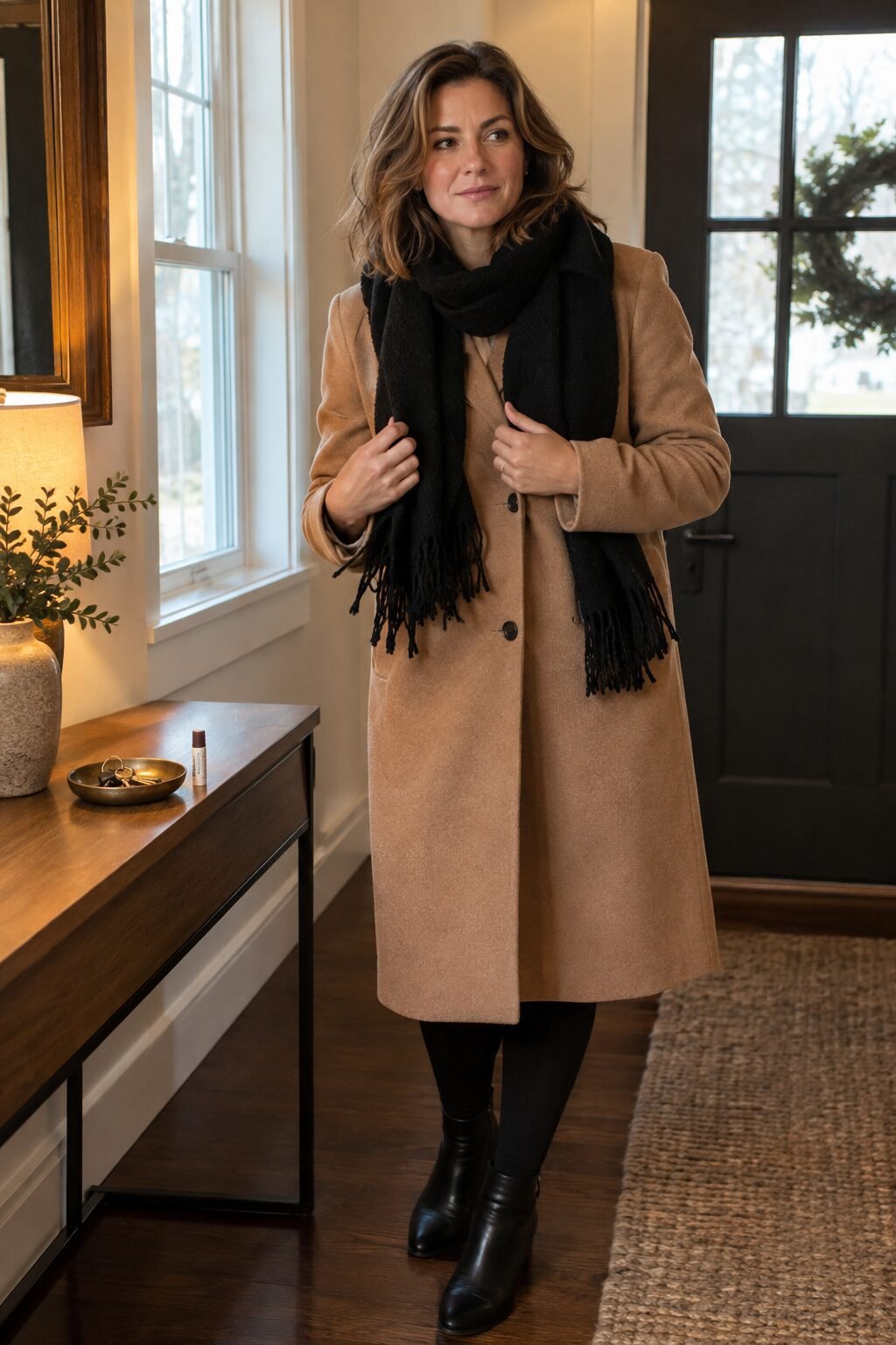 woman wearing a black fringed wool scarf as the finishing cold-weather accessory to a fall outfit