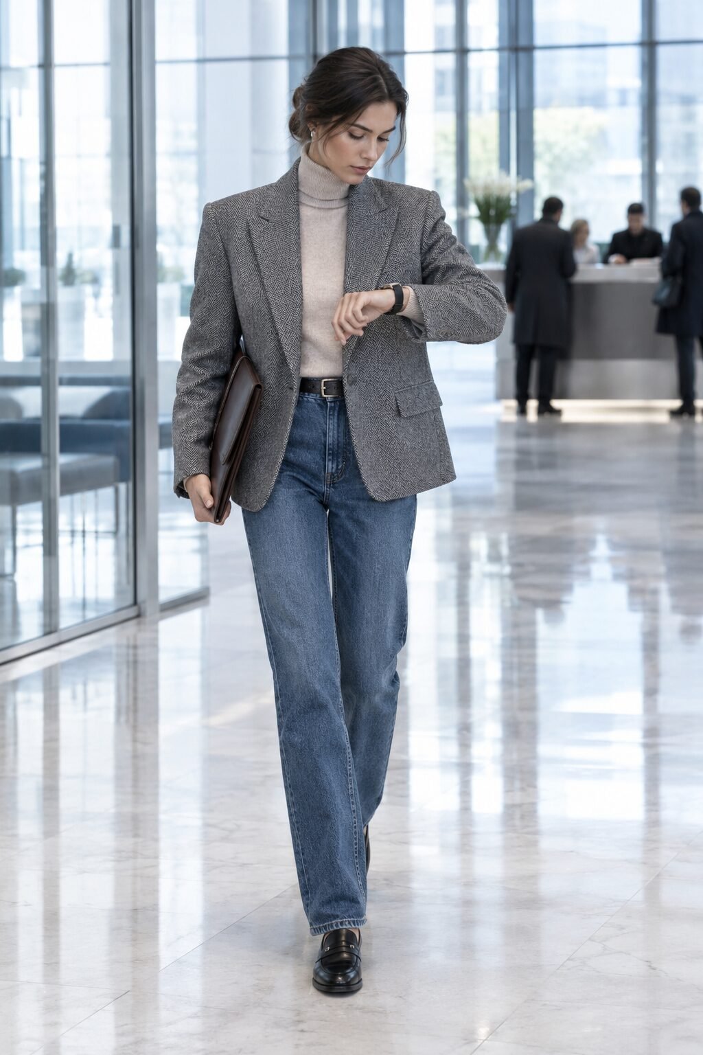 quiet luxury office outfit: grey herringbone blazer over cashmere turtleneck with straight denim jeans