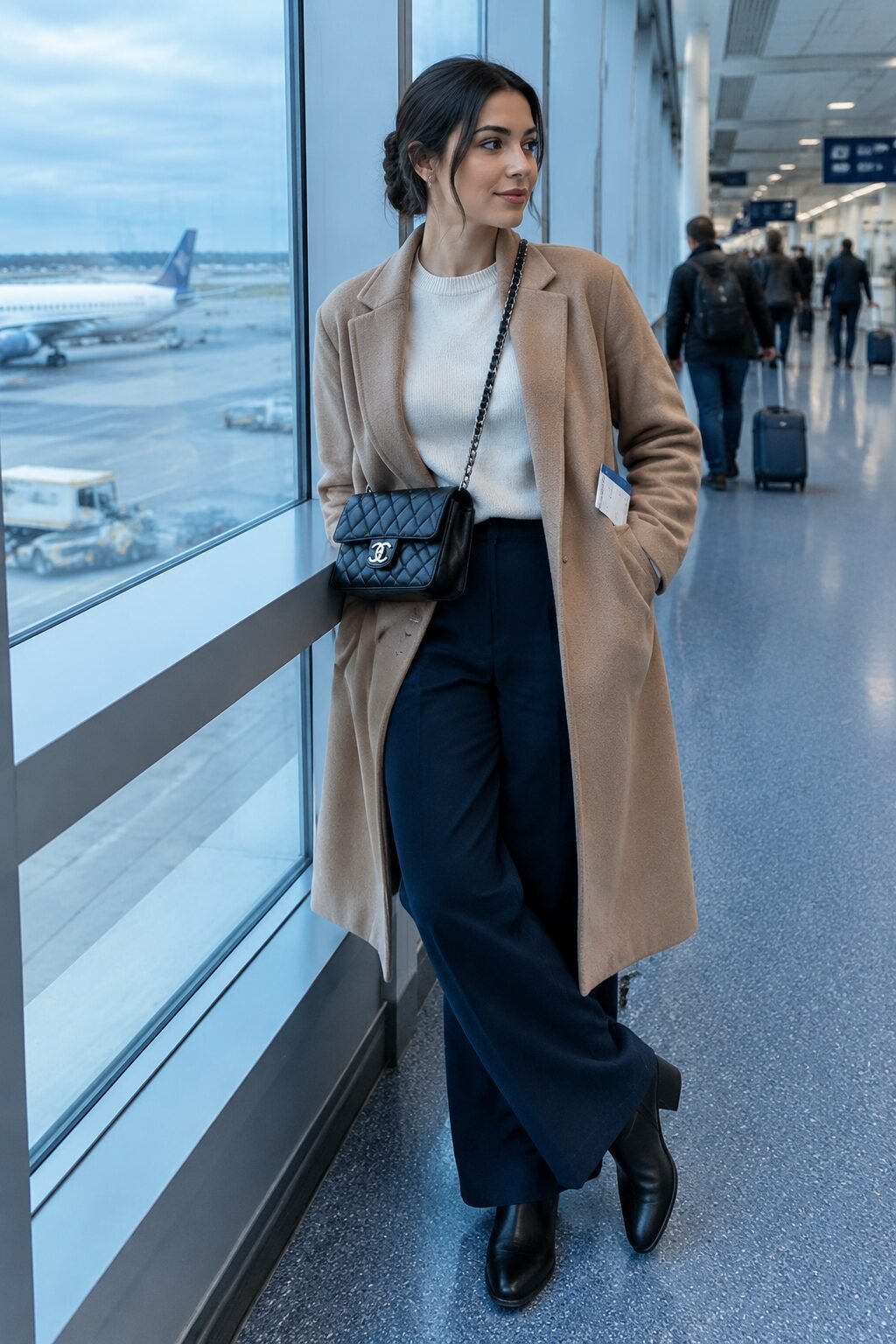 old money winter capsule wardrobe travel outfit: cream cashmere sweater and camel wool wrap coat