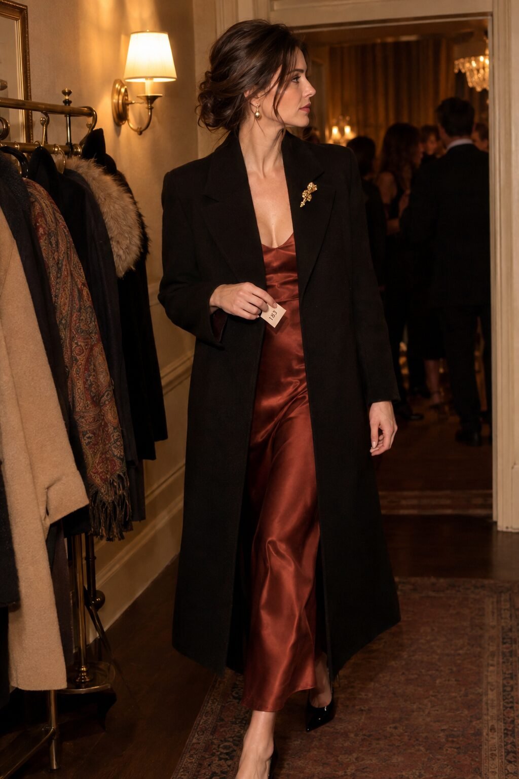 black wool cashmere evening coat over a red-brown silk slip dress, holiday cocktail party outfit, brooch pinning the coat closed