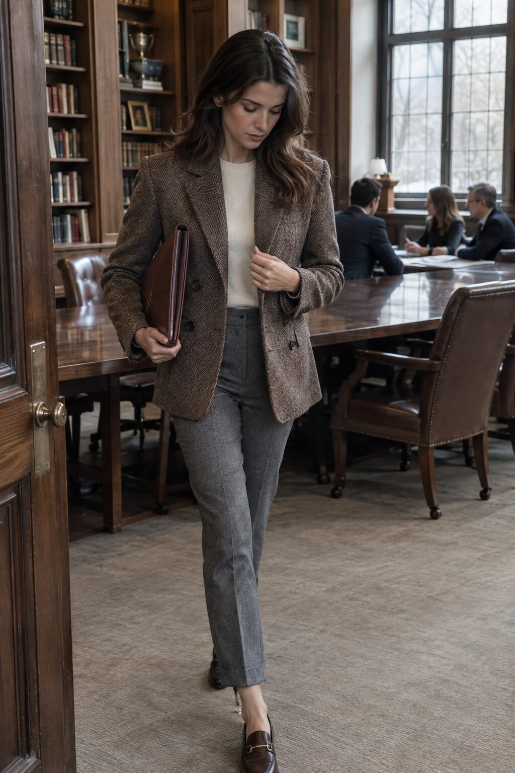 committee meeting winter country club outfit: brown herringbone blazer with grey wool ankle trousers