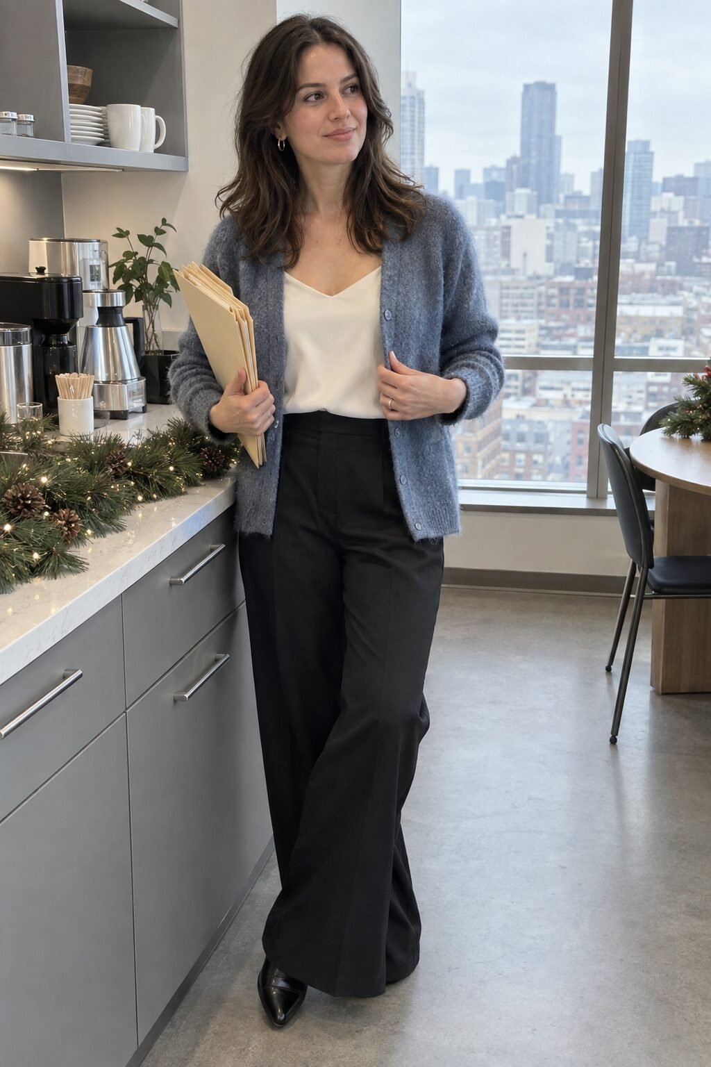 holiday party outfit you already own: ivory silk camisole with faded denim cashmere cardigan and black trouser