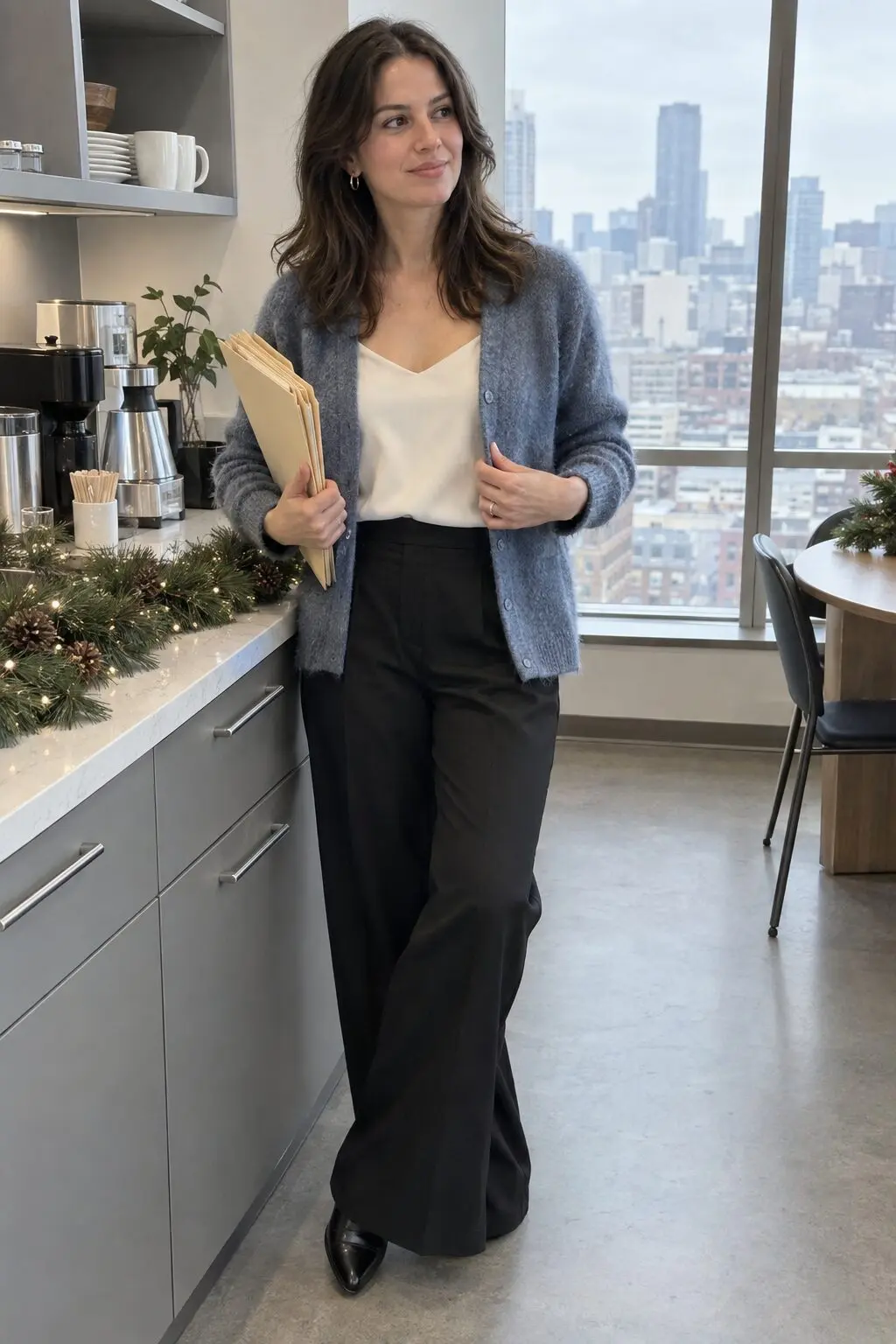holiday party outfit you already own: ivory silk camisole with faded denim cashmere cardigan and black trouser