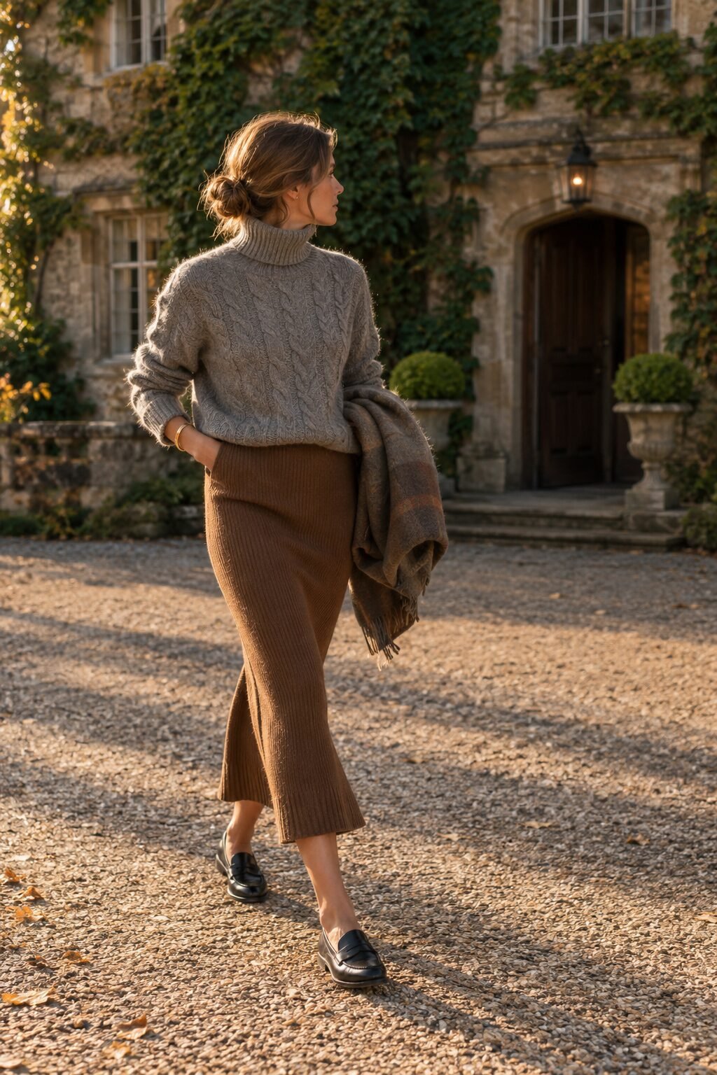 old money outfit with a grey cashmere fisherman sweater, brown cashmere midi skirt, and a gold bangle bracelet