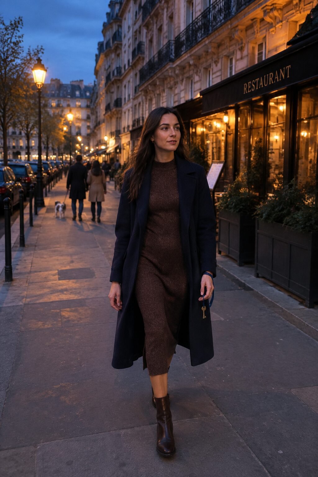 woman wearing a knit dress and coat walking to dinner in Paris at night
