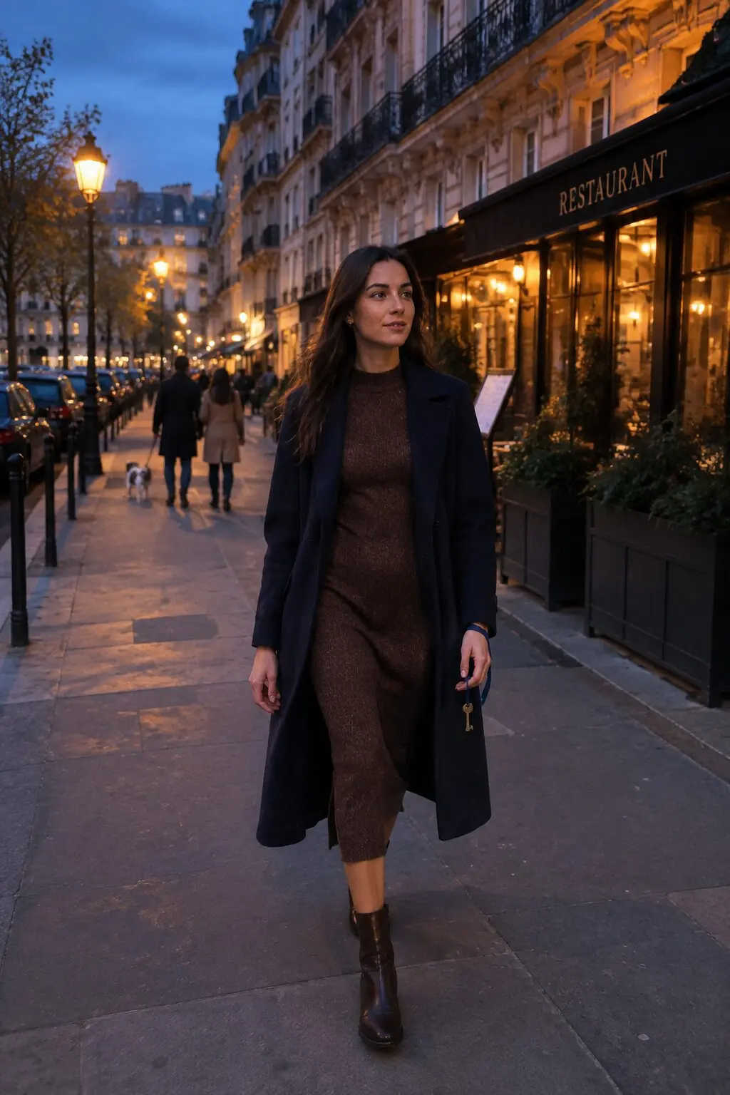 woman wearing a knit dress and coat walking to dinner in Paris at night