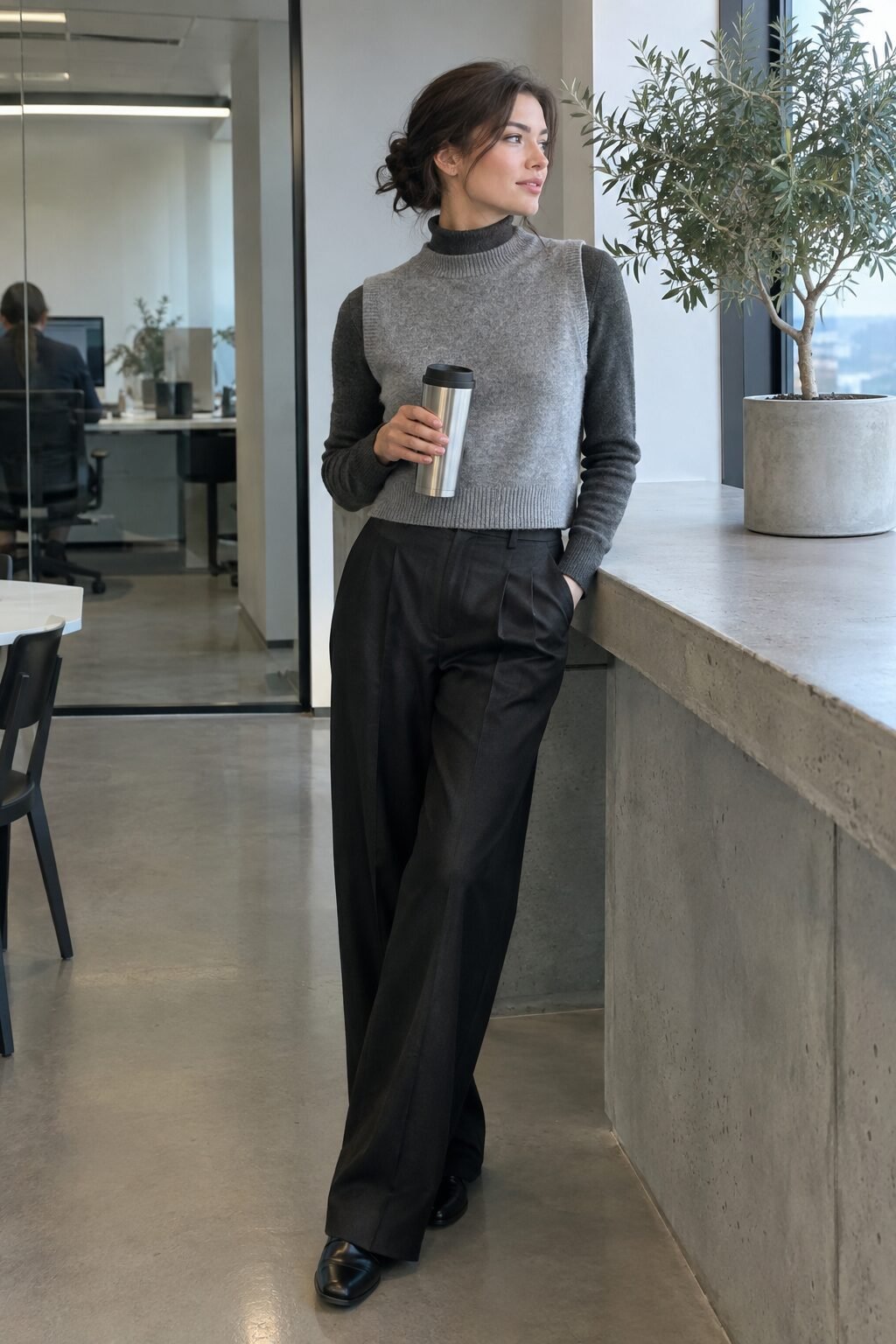 charcoal and grey layered turtleneck outfit for women with a cashmere sweater vest and wide-leg trouser