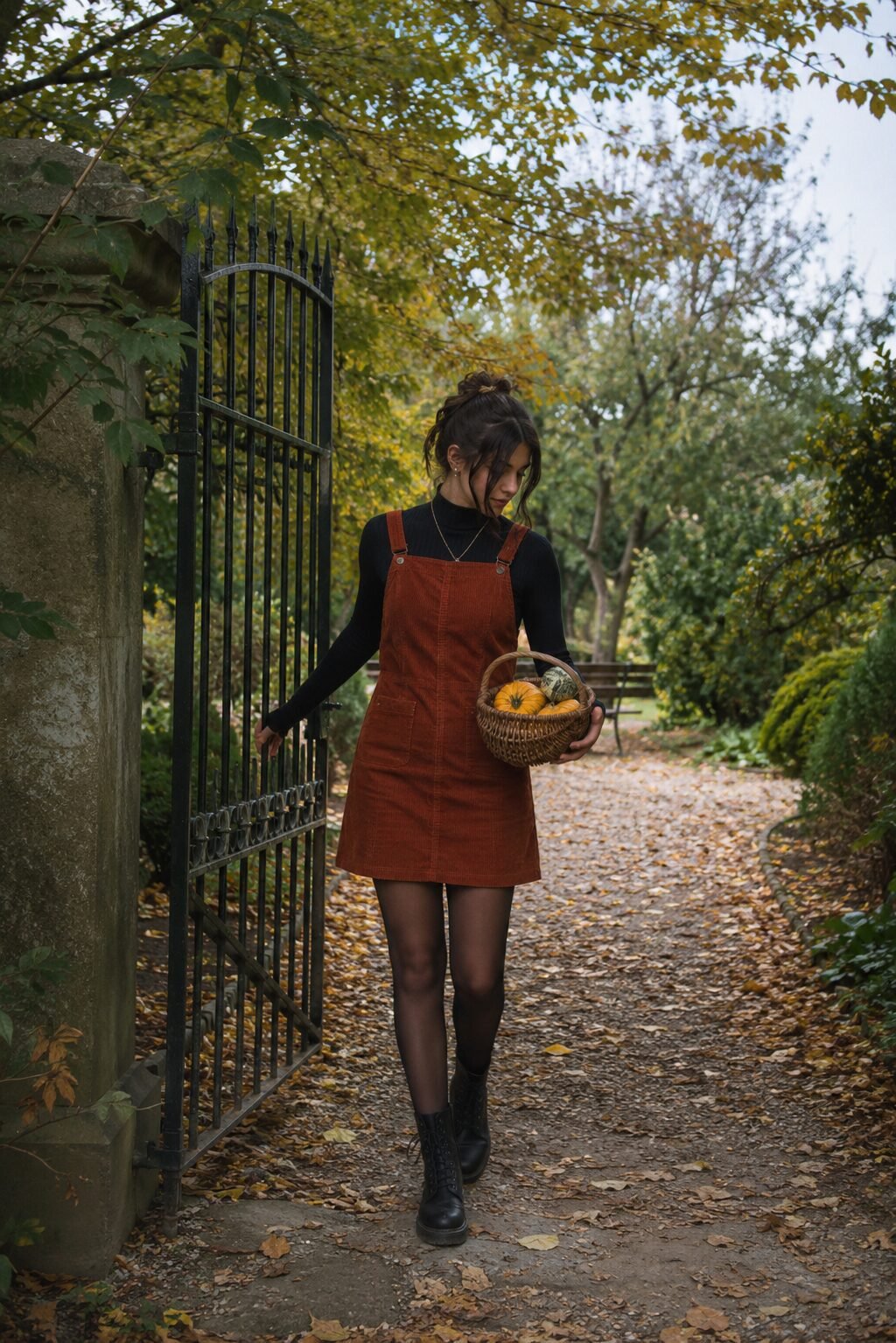 how to style a black turtleneck with a corduroy pinafore dress and combat boots for fall weekends