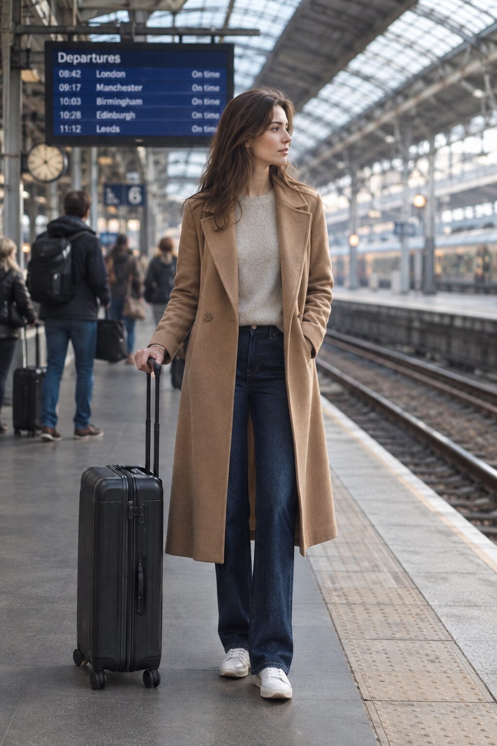 how to style a cashmere sweater with a trench coat: oatmeal cashmere crewneck and dark denim layered under an open camel trench coat