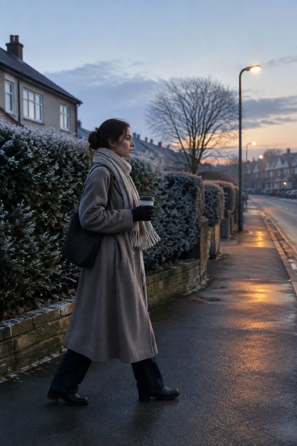 elegant woman taking a quiet morning walk alone before a busy holiday day begins