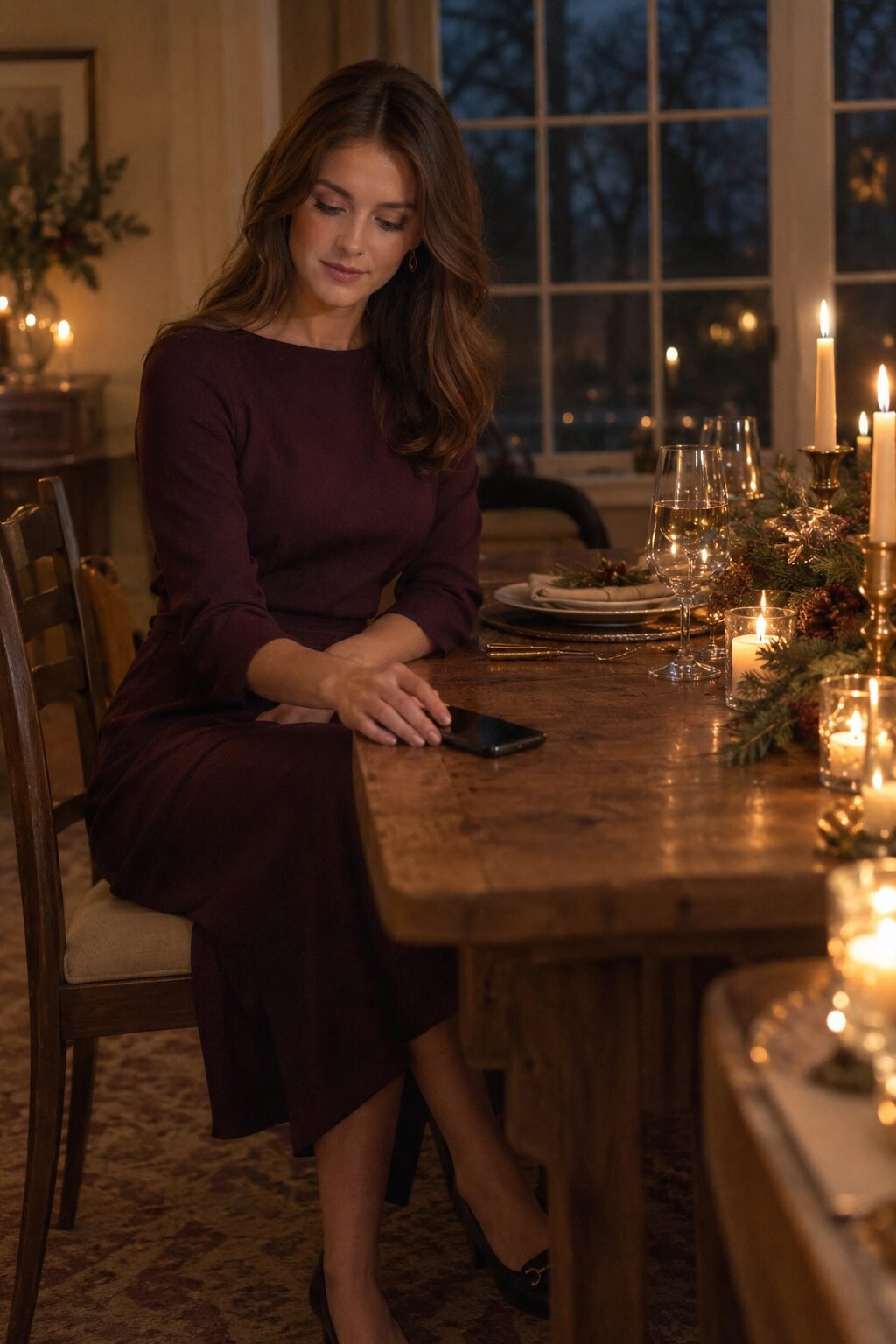 Woman taking a quick photo of a decorated holiday table before putting her phone away