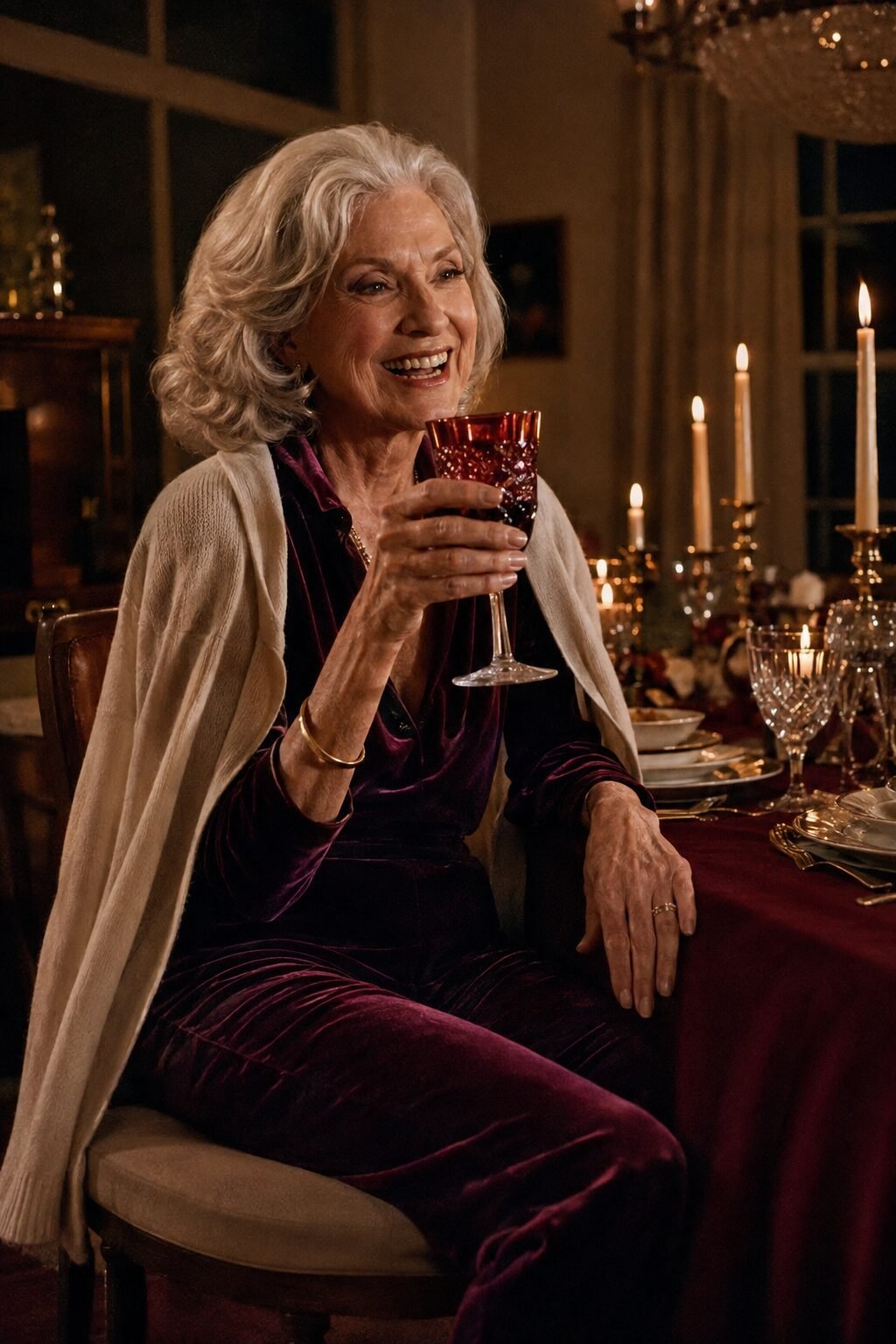 elegant thanksgiving outfit for women in their 70s: eggplant velvet jumpsuit with a cardigan layer for a dressier Thanksgiving gathering