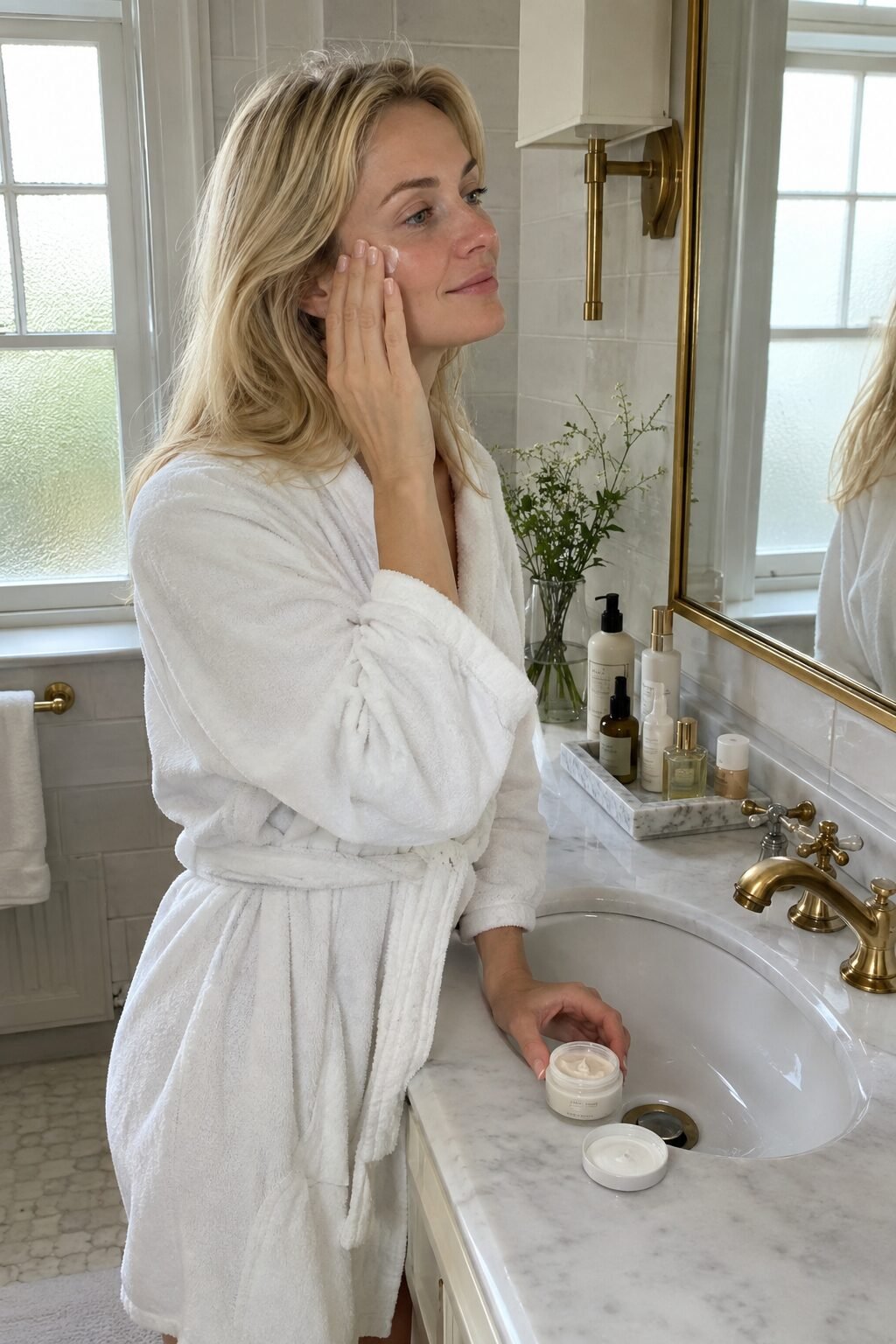 Simple European bathroom with soft light, reflecting realistic health and beauty habits on a 2027 vision board