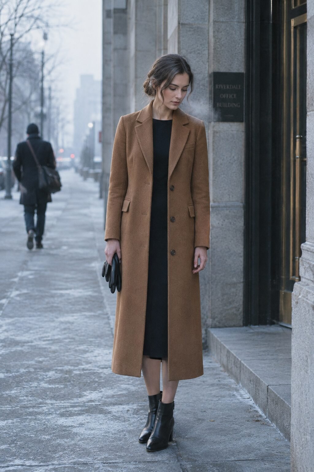 how to style a corporate dress with a wool overcoat: black crepe shift dress under a caramel single-breasted wool overcoat