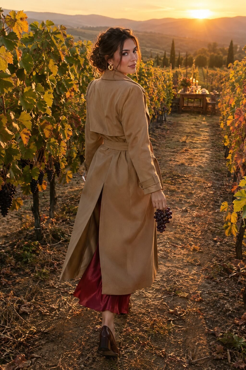 fall wedding guest outfit: wine red silk slip dress with camel trench coat for a vineyard reception