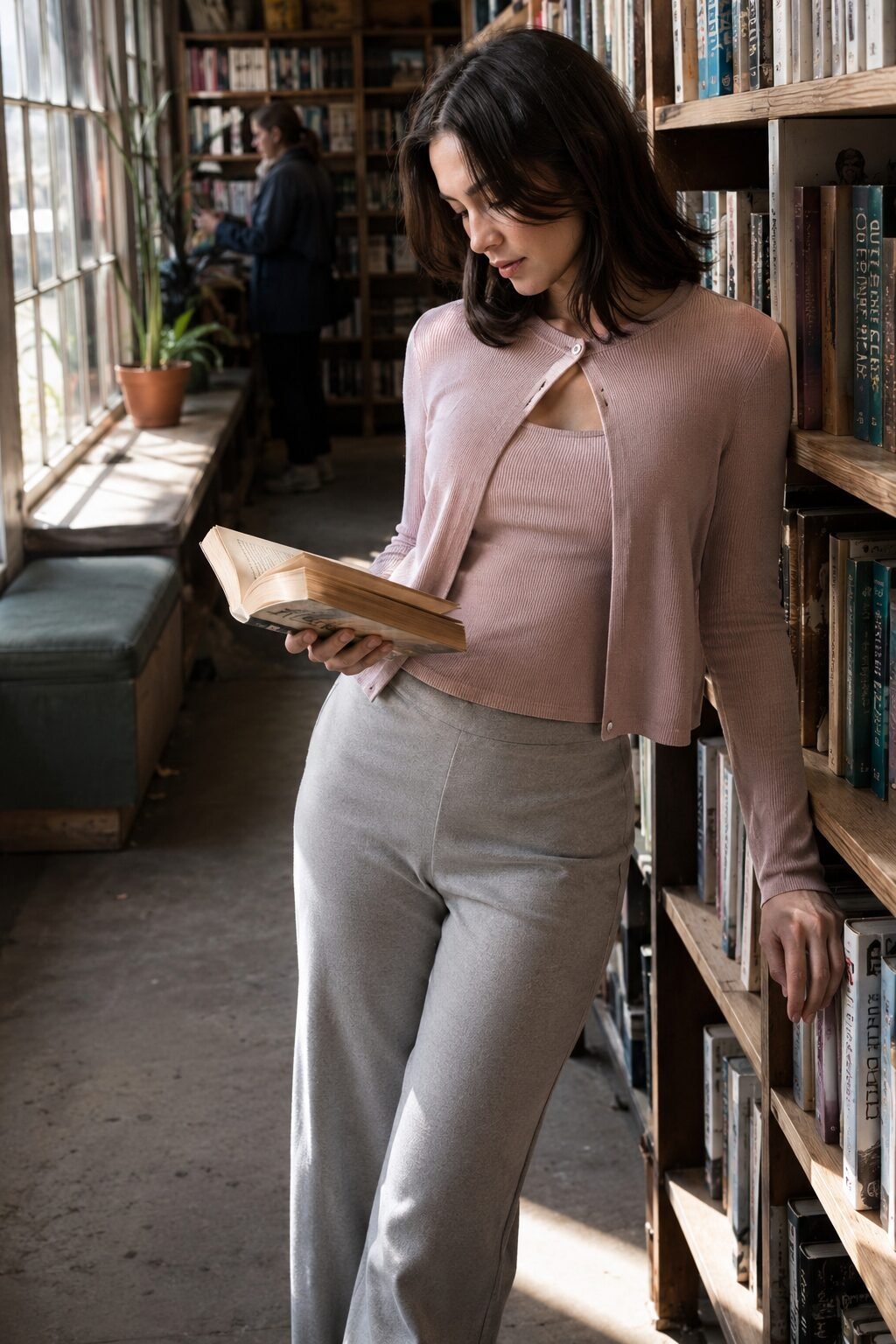 no-iron casual Friday work outfit: grey ponte ankle trousers with a blush knit twin-set