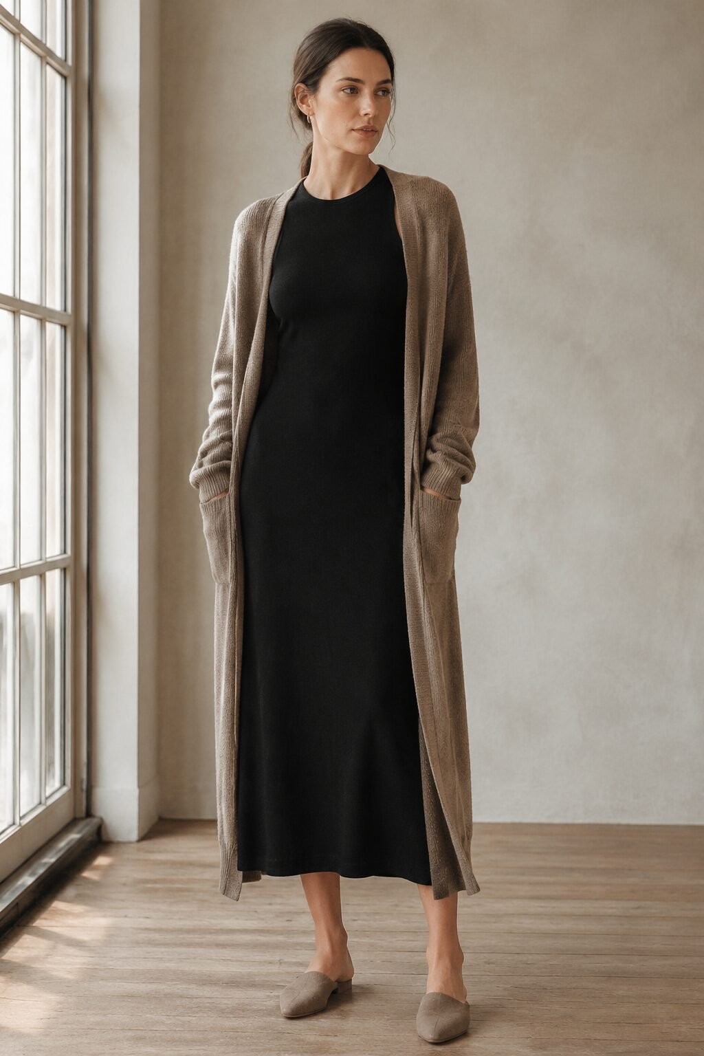 transitional black column dress outfit layered under an open taupe cardigan