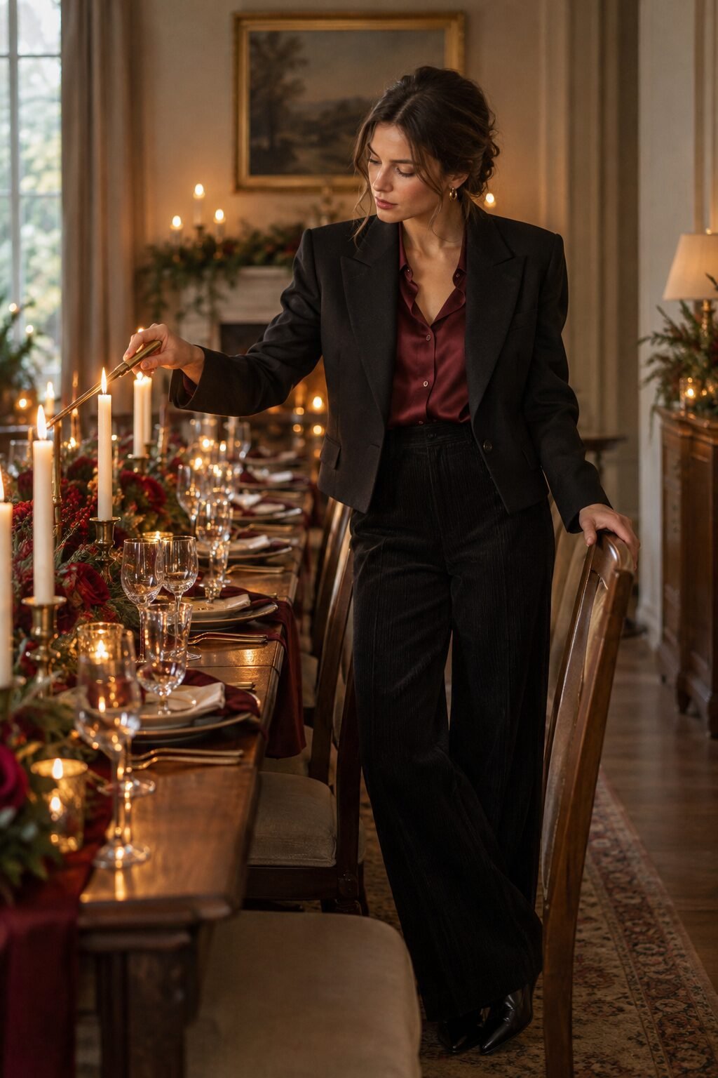 elegant christmas dinner hosting outfit: burgundy silk blouse under a black wool blazer with black wide-leg corduroy trousers