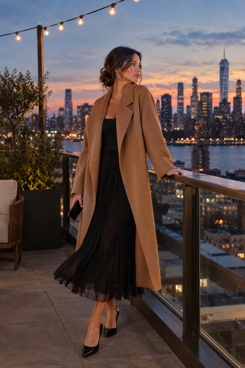 woman wearing a camel wool coat over a black pleated midi skirt for an office holiday event
