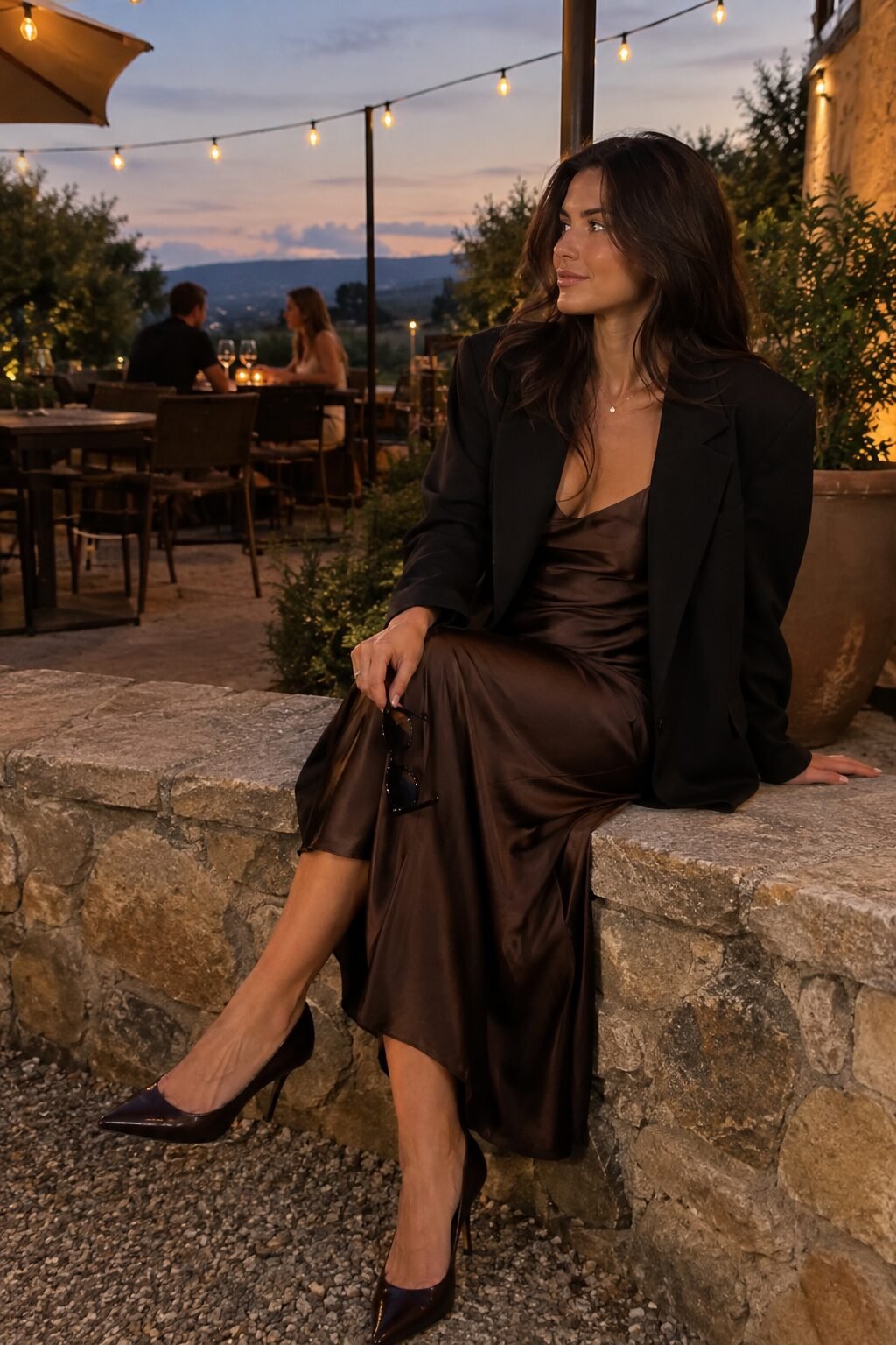 2027 fashion trend outfit: espresso brown silk slip dress layered under an oversized black blazer