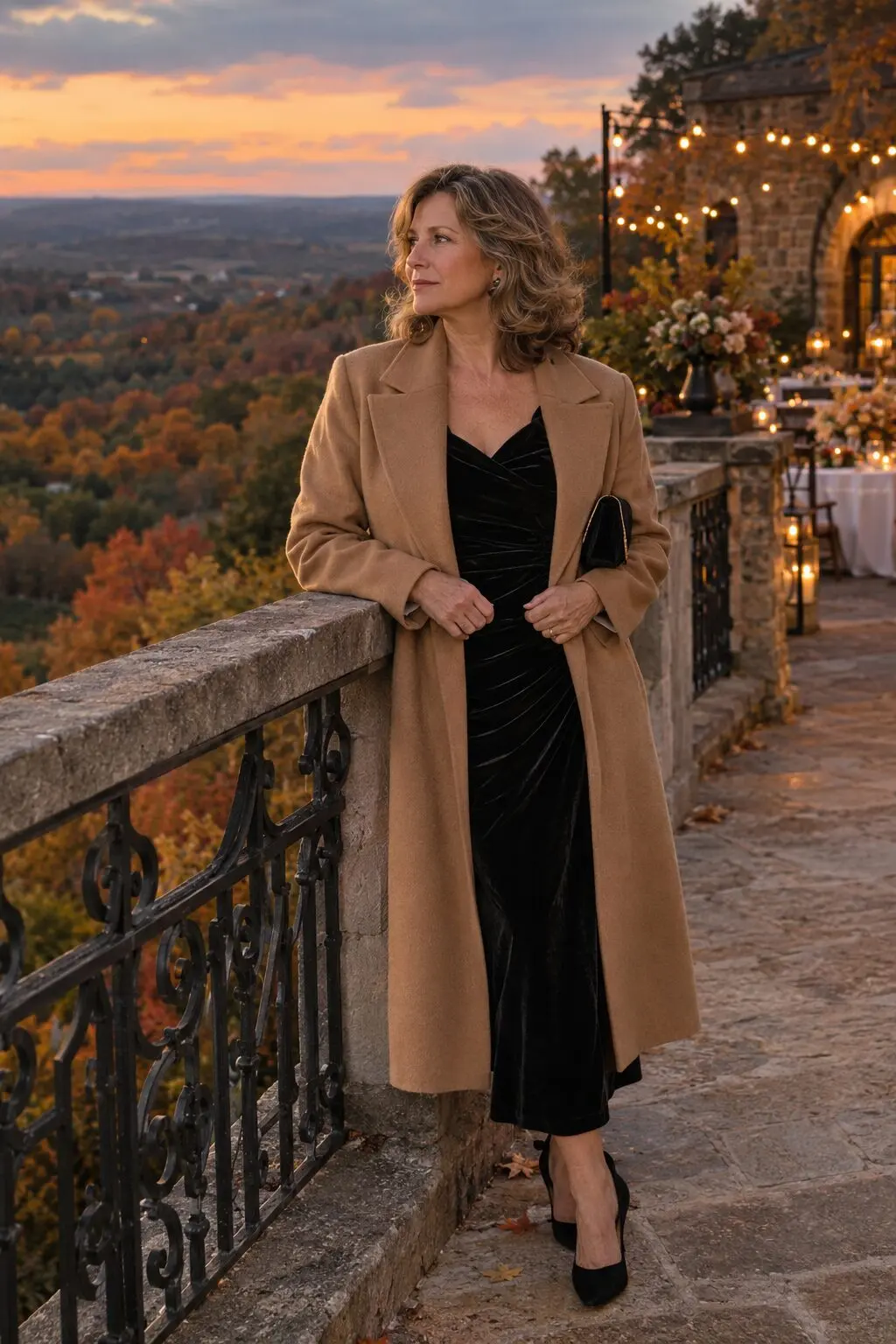 stepmother of the groom fall wedding outfit: black velvet dress with camel wool coat