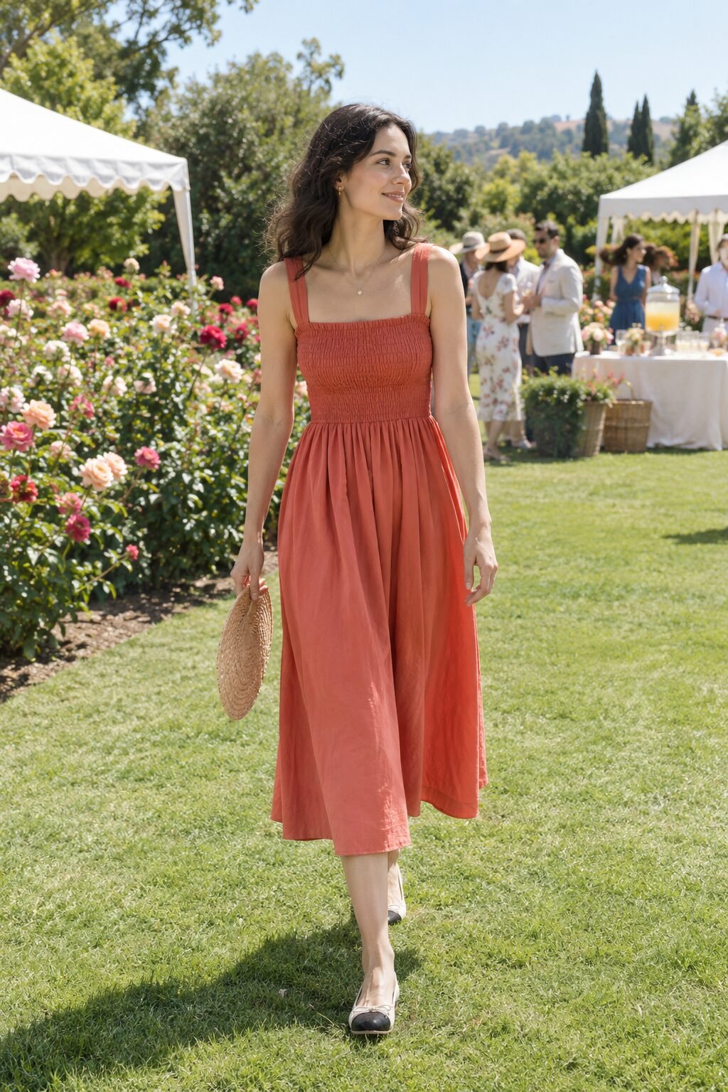 chic country club attire: spiced coral smocked cotton midi dress with bone leather ballet flats for a garden party