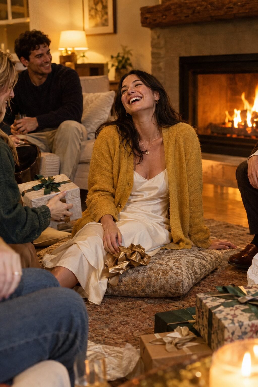 white elephant gift exchange rules: guests laughing as a gift gets stolen during a holiday party