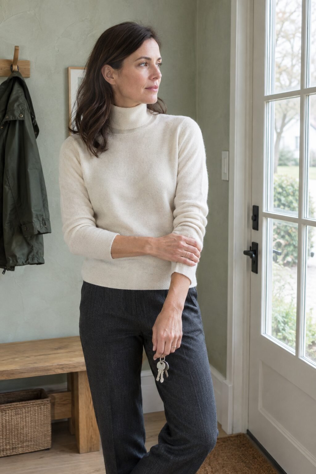 woman in an off-white cashmere turtleneck and tailored trousers standing in a bright entryway