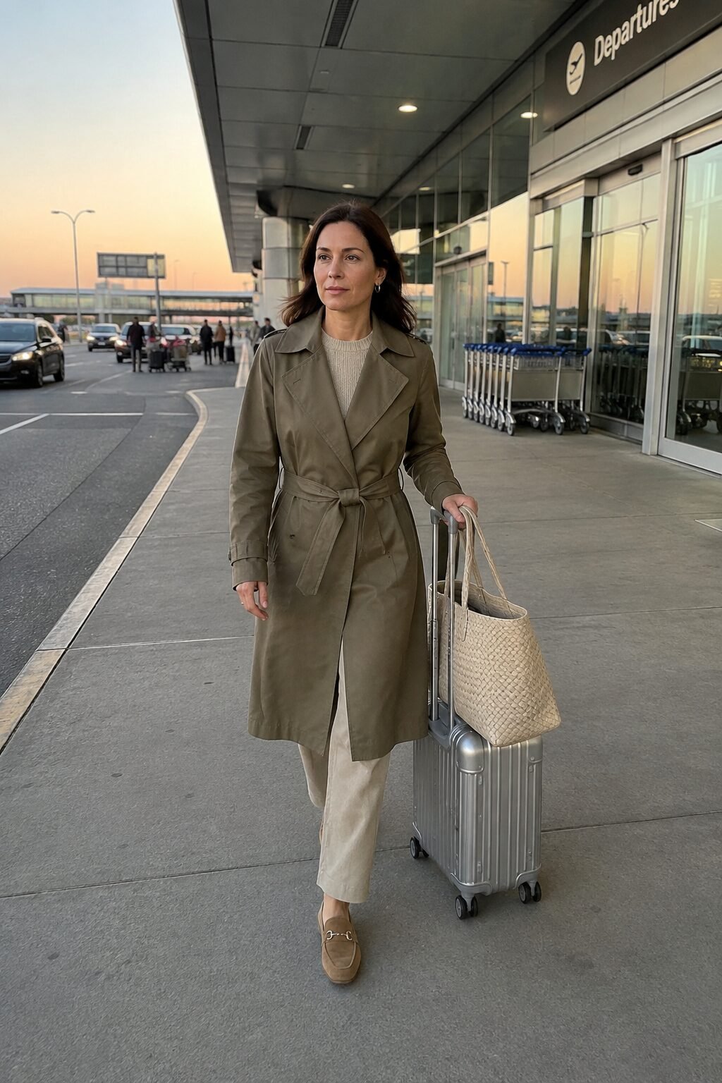 old money airport outfit for women: beech olive-khaki trench coat, tan suede horsebit loafers and woven leather tote