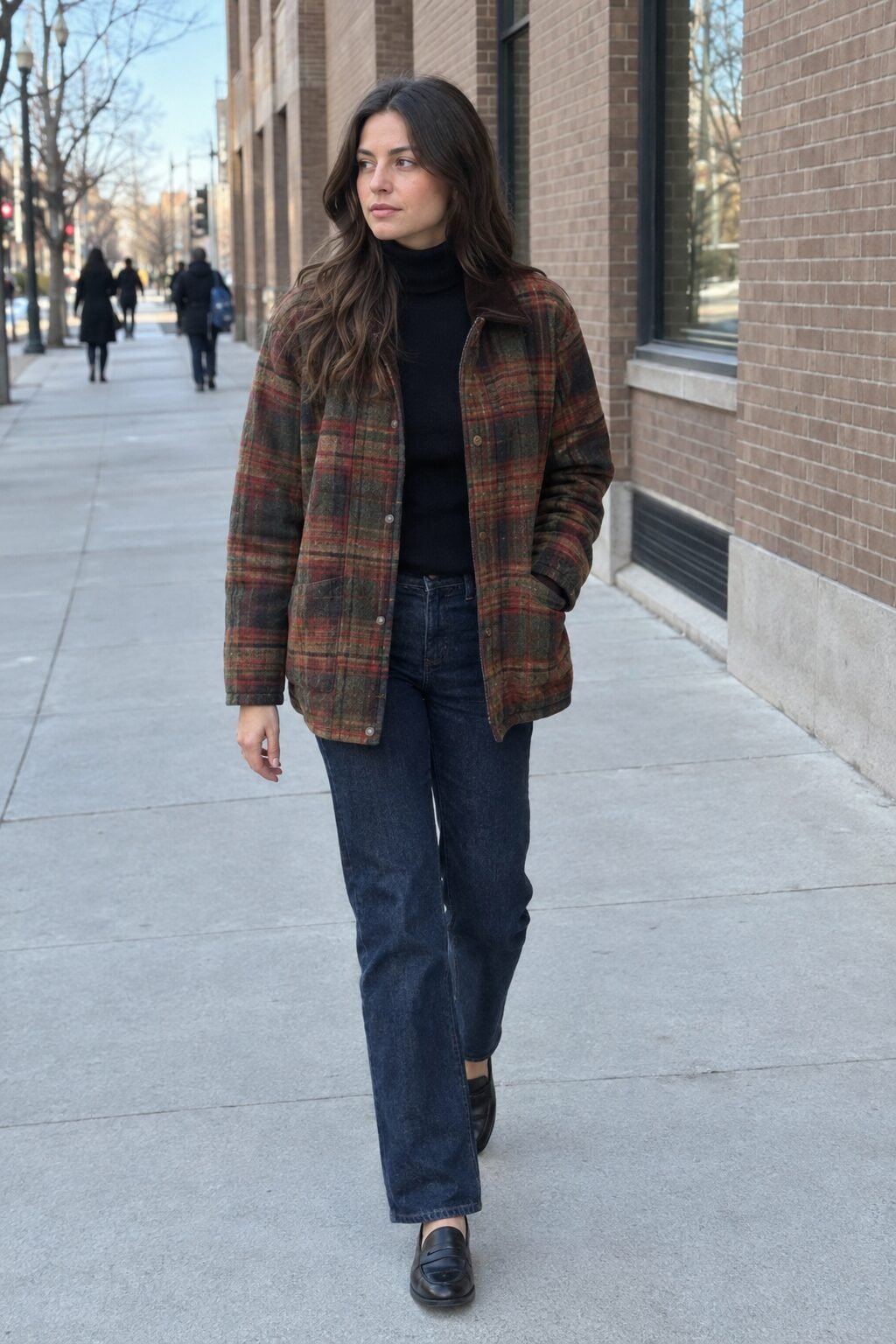 winter office outfit: plaid jacket, dark straight denim, and black turtleneck for business casual