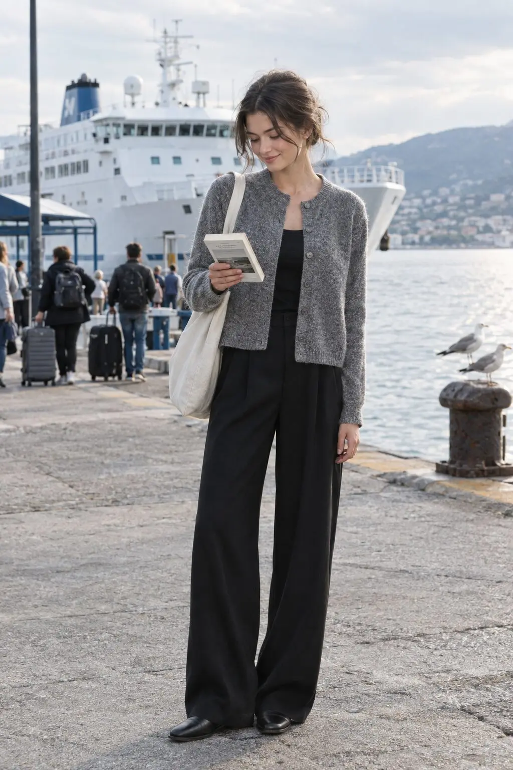 how to style wide-leg trousers with a mottled grey cardigan buttoned over a tank for a comfortable travel day