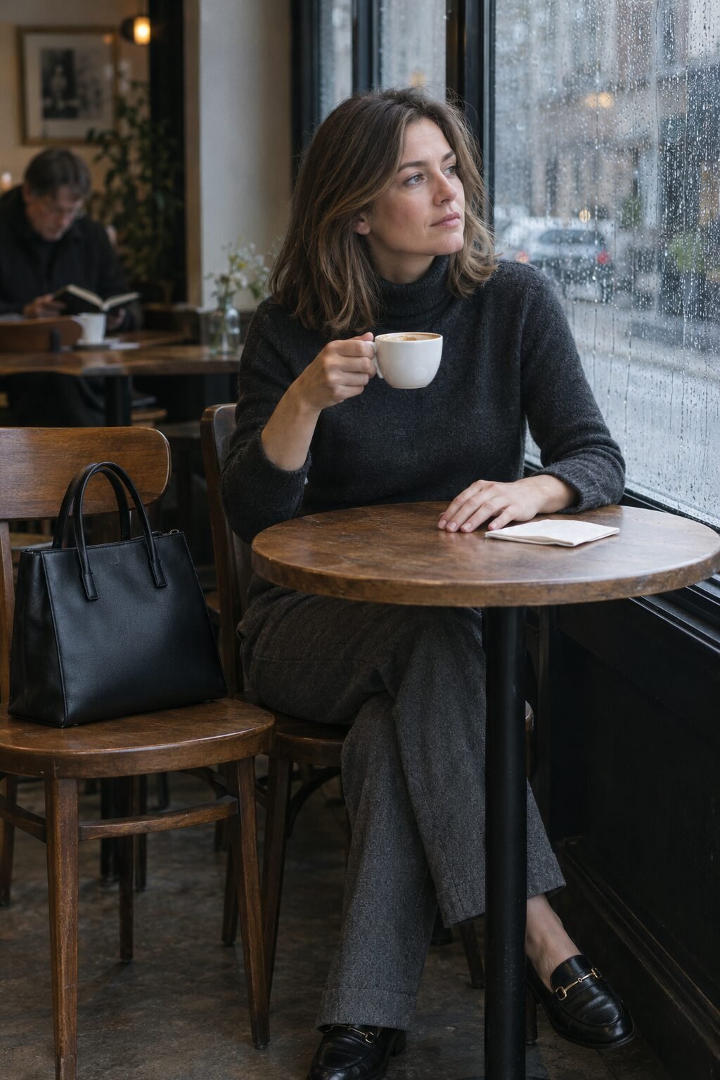 woman in a quiet cafe with a plain leather handbag on the chair beside her, timeless handbag with no visible logo