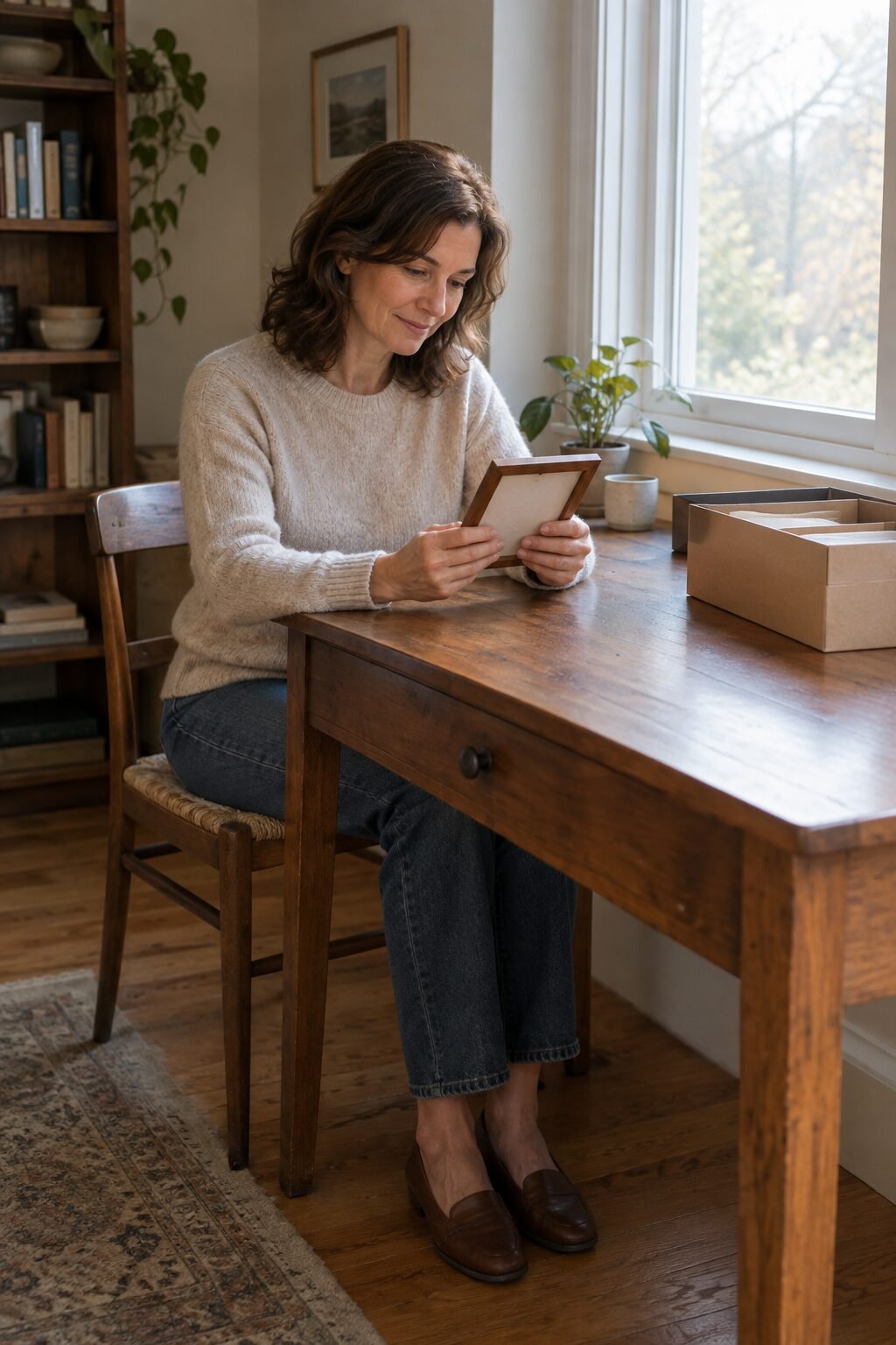 Woman at a small desk by the window holding a single framed handwritten note, a shoebox of papers set aside