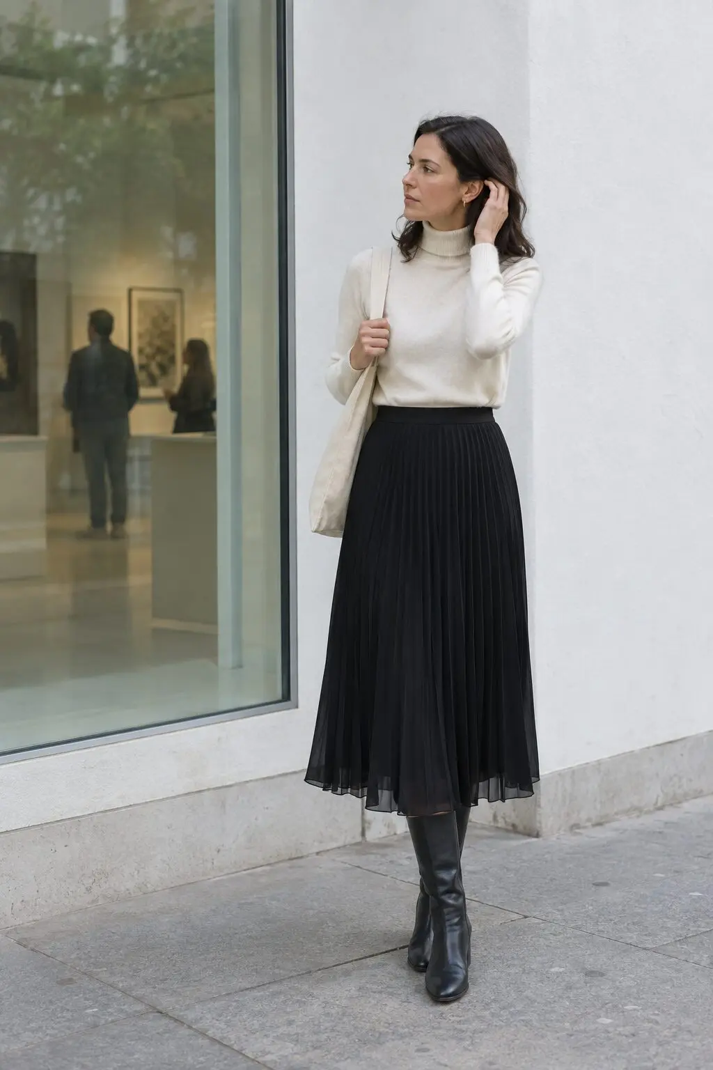 how to style a midi skirt with a turtleneck: off-white cashmere turtleneck tucked into a black pleated midi skirt with black leather boots