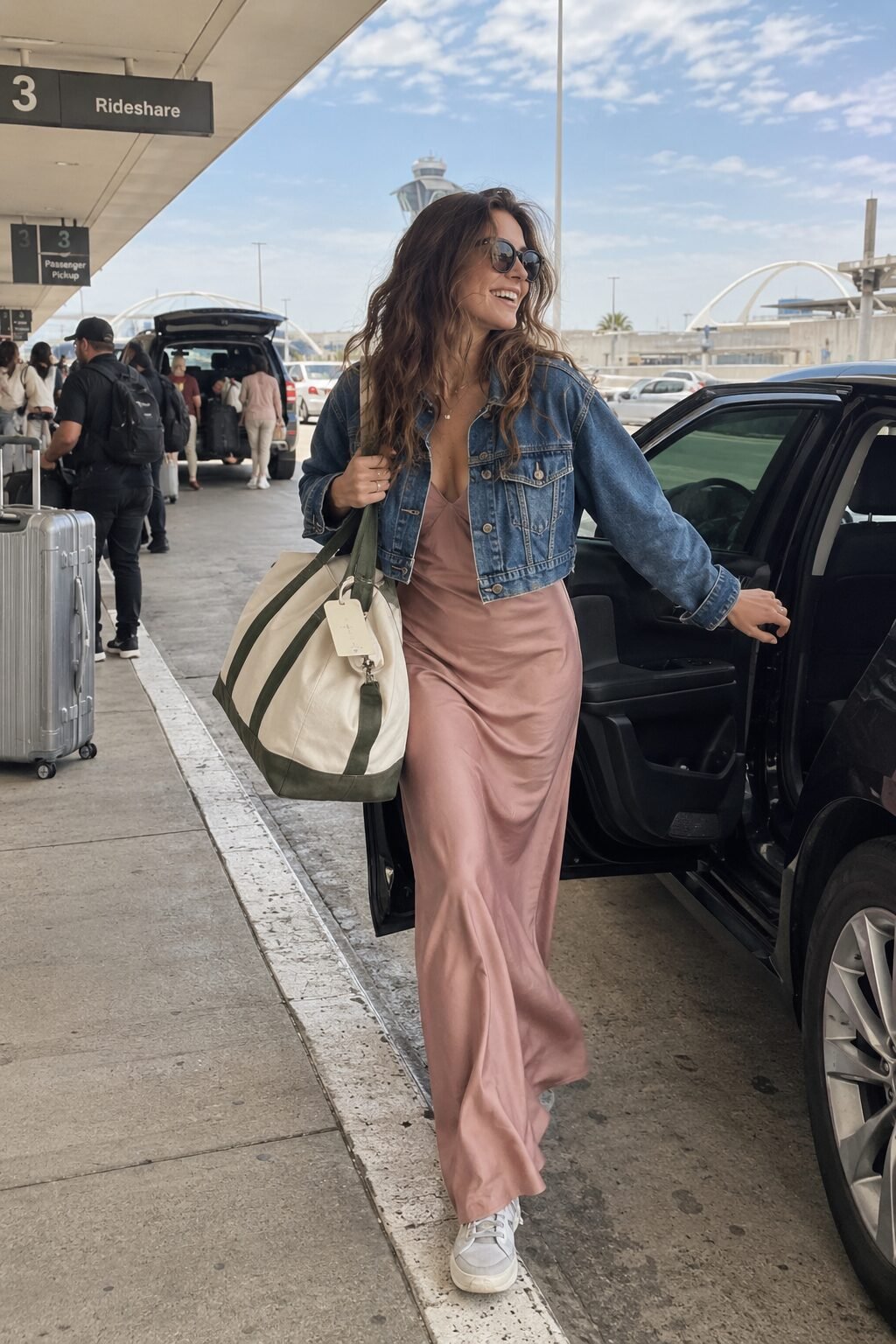 elegant airport outfit: washed denim jacket over a dusty rose slip dress for a weekend getaway