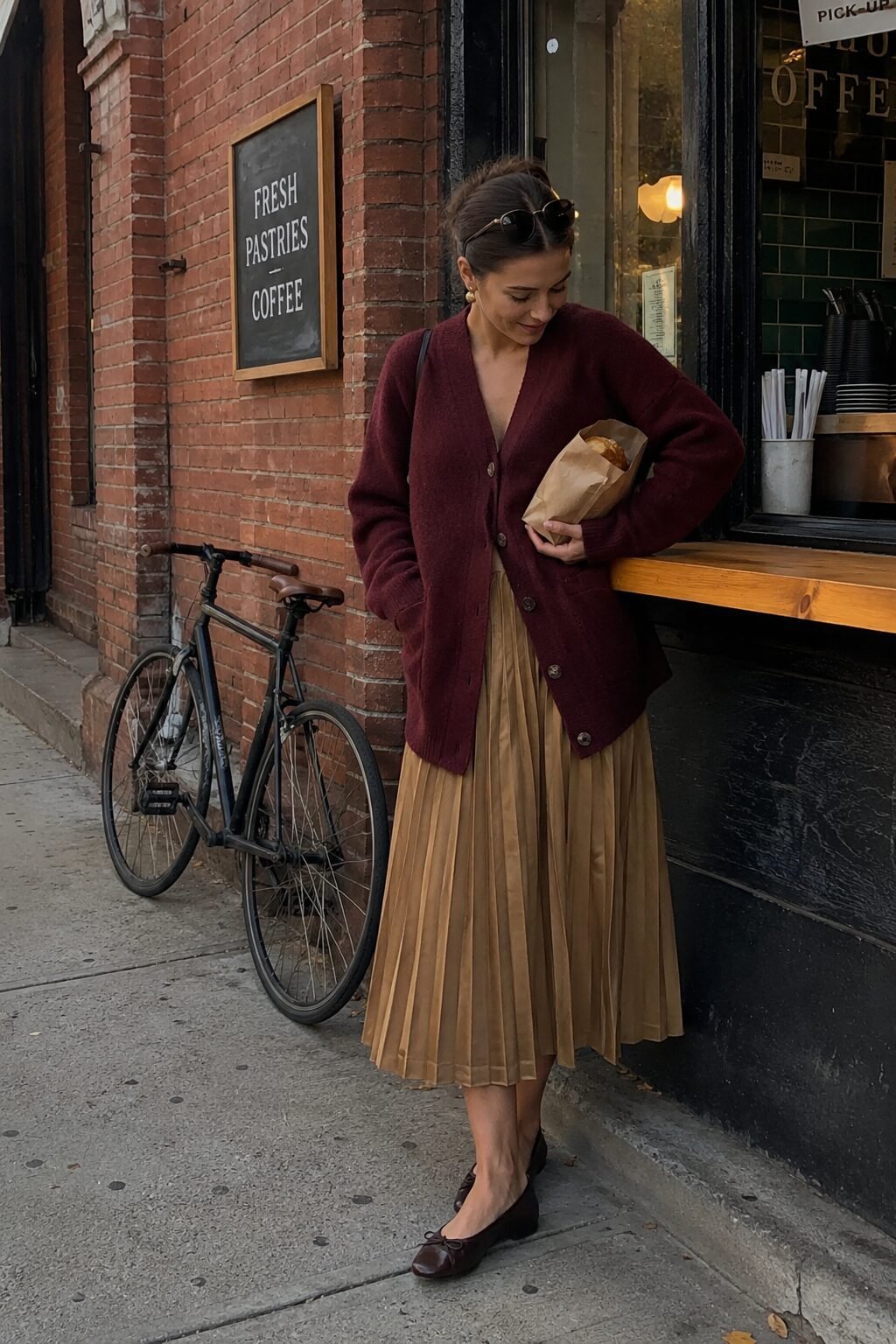 burgundy cardigan and camel pleated skirt fall outfit for a weekend coffee run