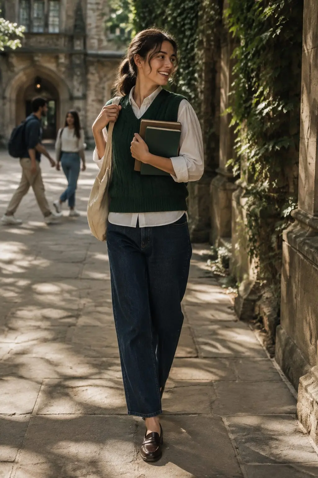 what to wear with brown loafers: forest green sweater vest and button-down preppy outfit