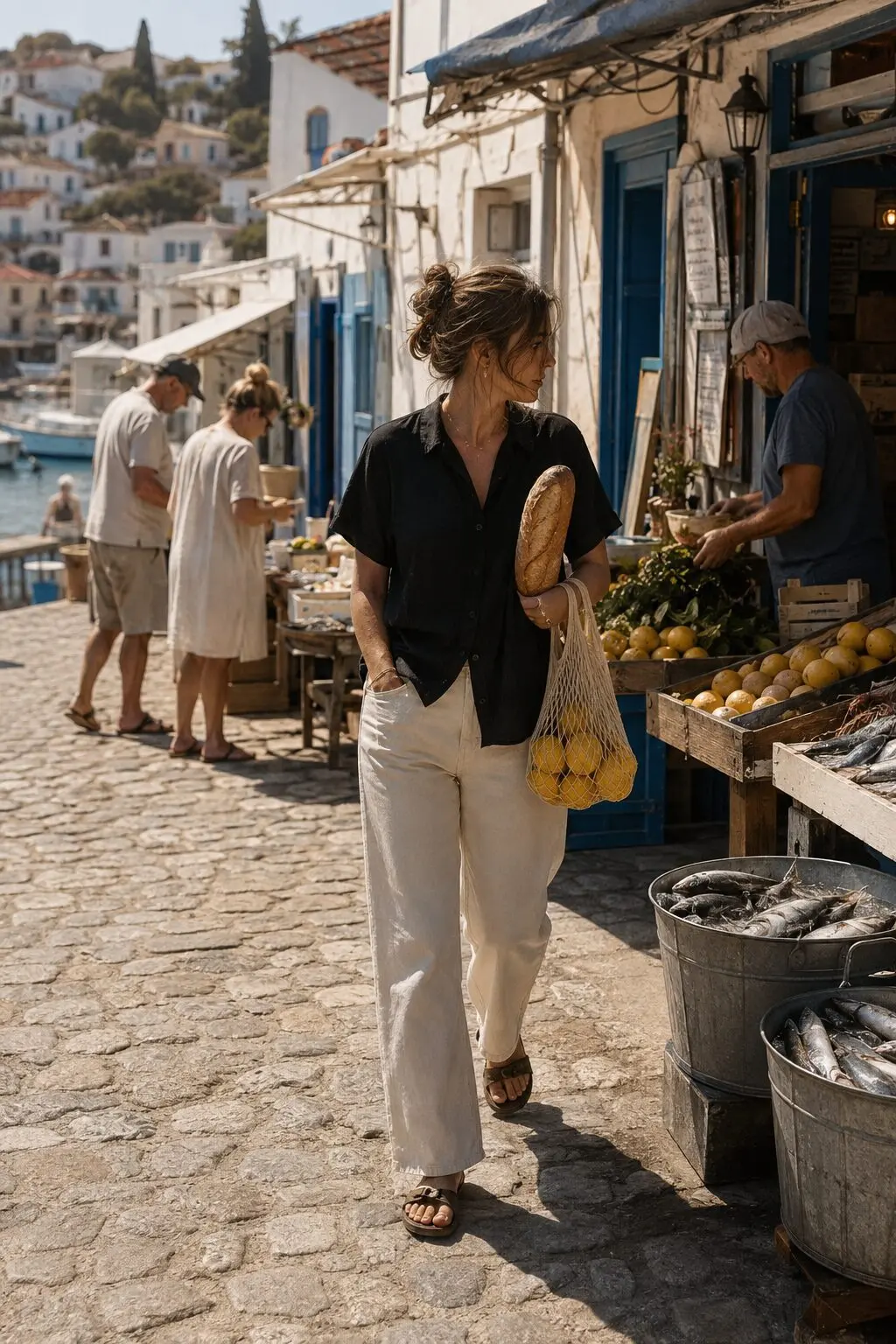 boat outfits for women: black linen shirt with ecru straight-leg jeans for a dockside stroll