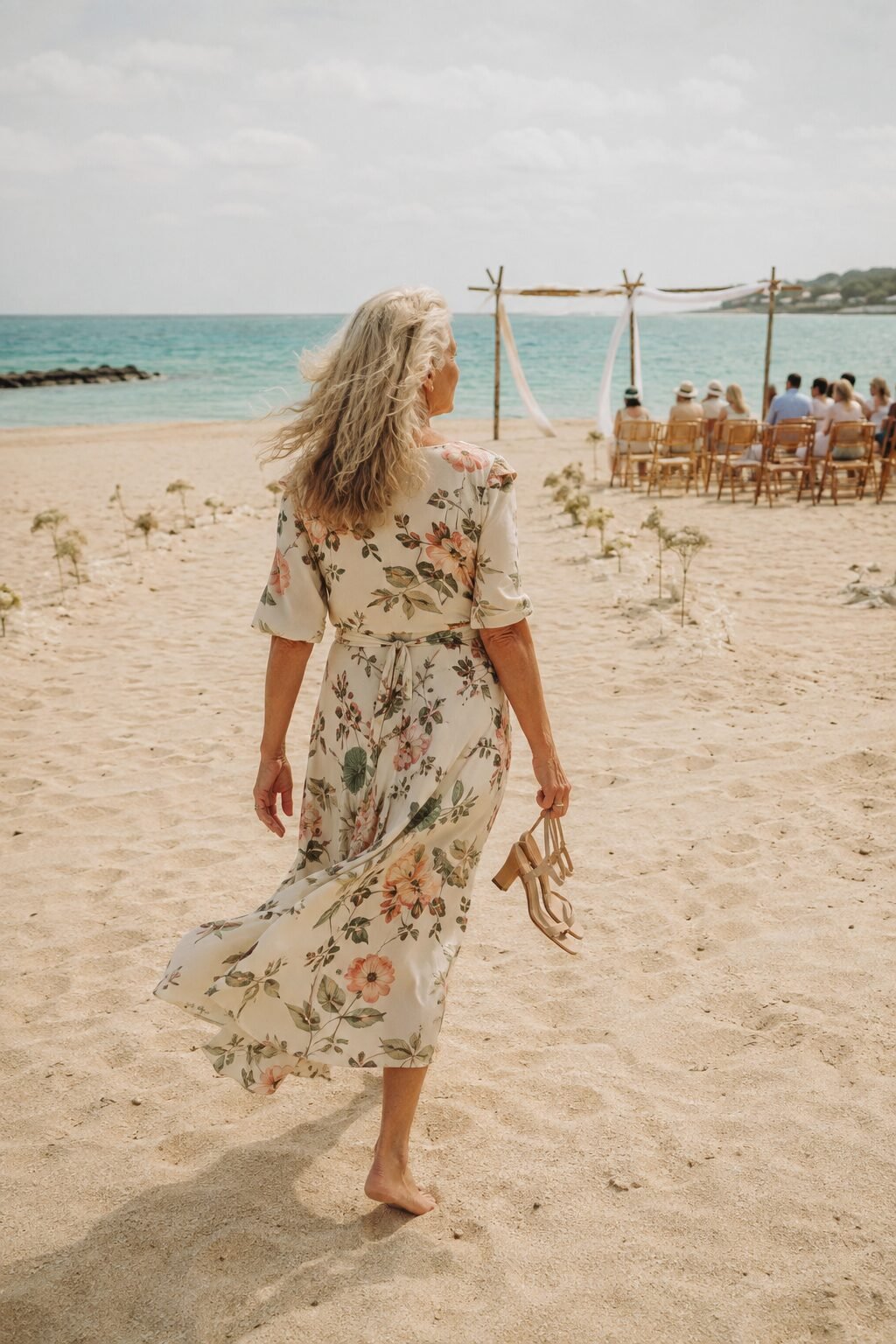 ivory floral print wrap dress with low block heel sandals, grandmother of the bride outfit for a destination beach ceremony